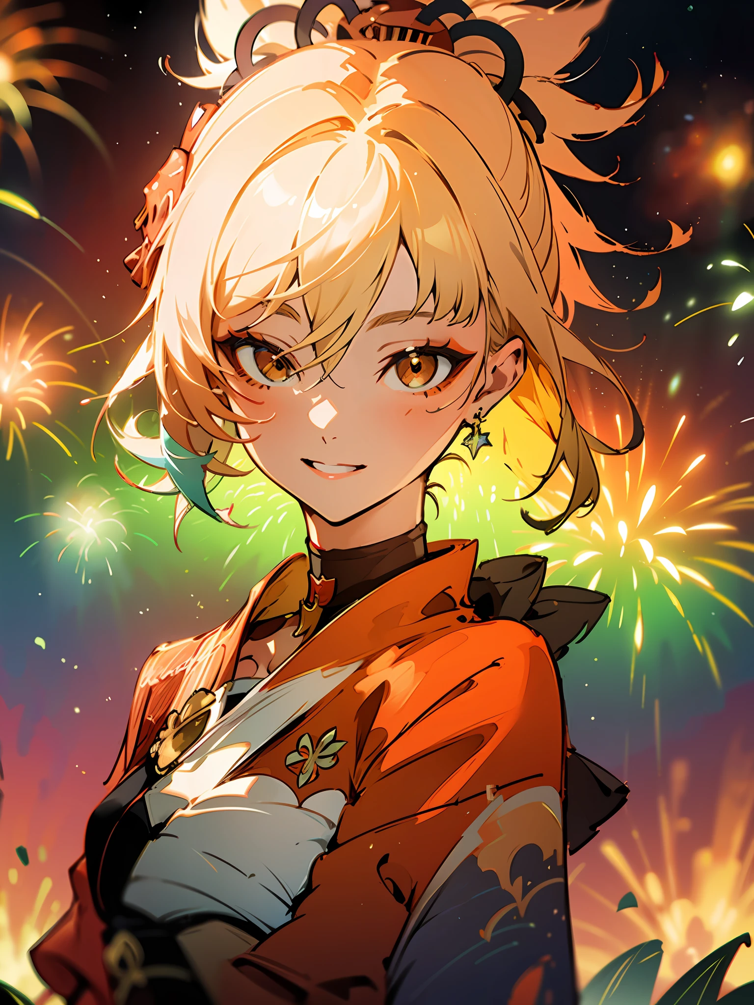 (masterpiece, best quality, highres, ultra-detailed, 8k, 4k), artbook, anime coloring, CG, illustration , fantasy, mksks ,1girl, solo, earring, choker, background is a huge ornate circular pattern, smile, happy looking at viewer, fireworks, stars, night, outdoors, (dutch angle), close up, face focus, upper body, yoimiya \(genshin impact\)