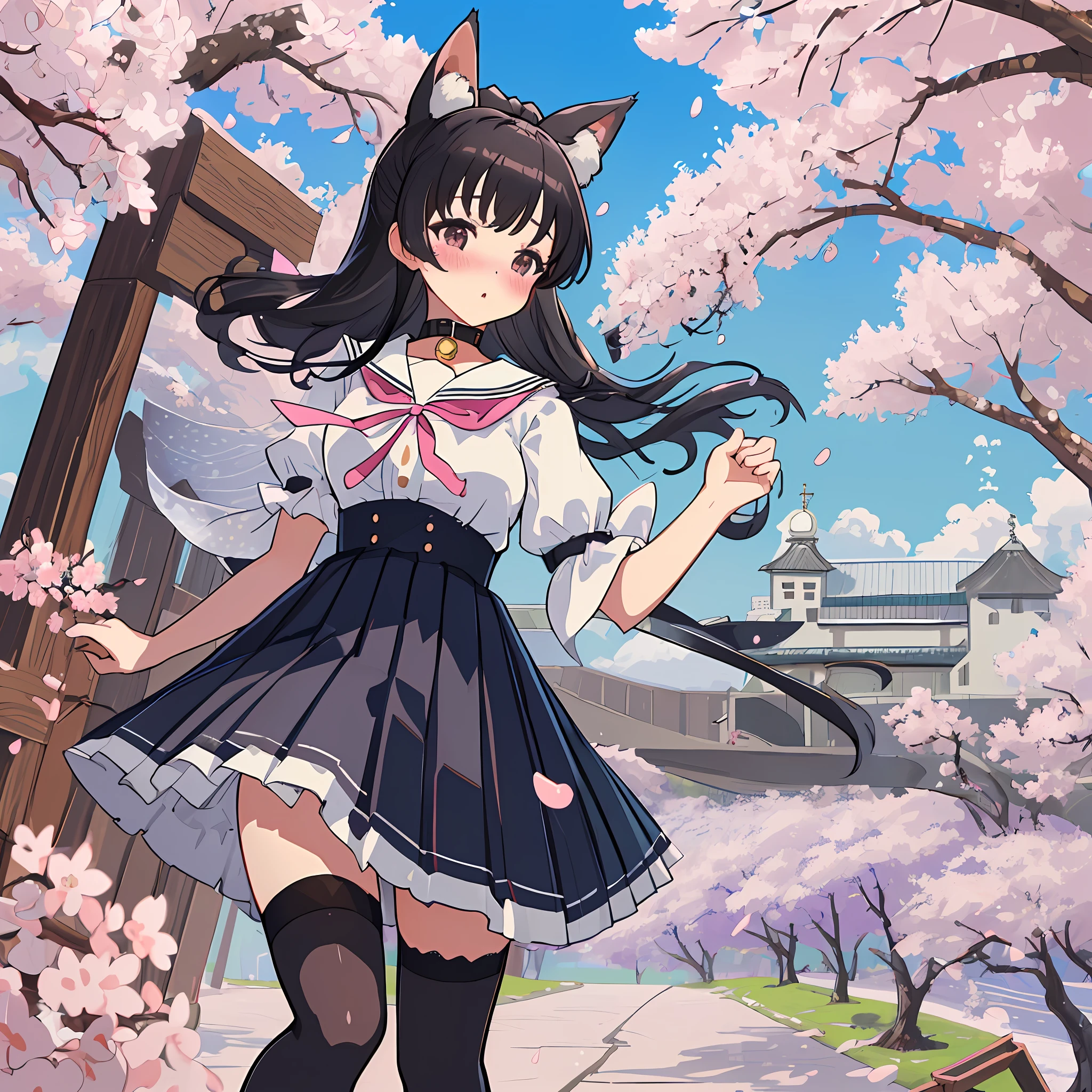 masterpiece,best quality,highly detailed,,huge_filesize,highres,cosplay,hair_bow,bell,collar,serafuku,pleated_skirt,garter_belt,polka_dot,kemonomimi_mode,blush,black_hair,black_eyes,adjusting_thighhigh,sake,cherry_blossoms,sky