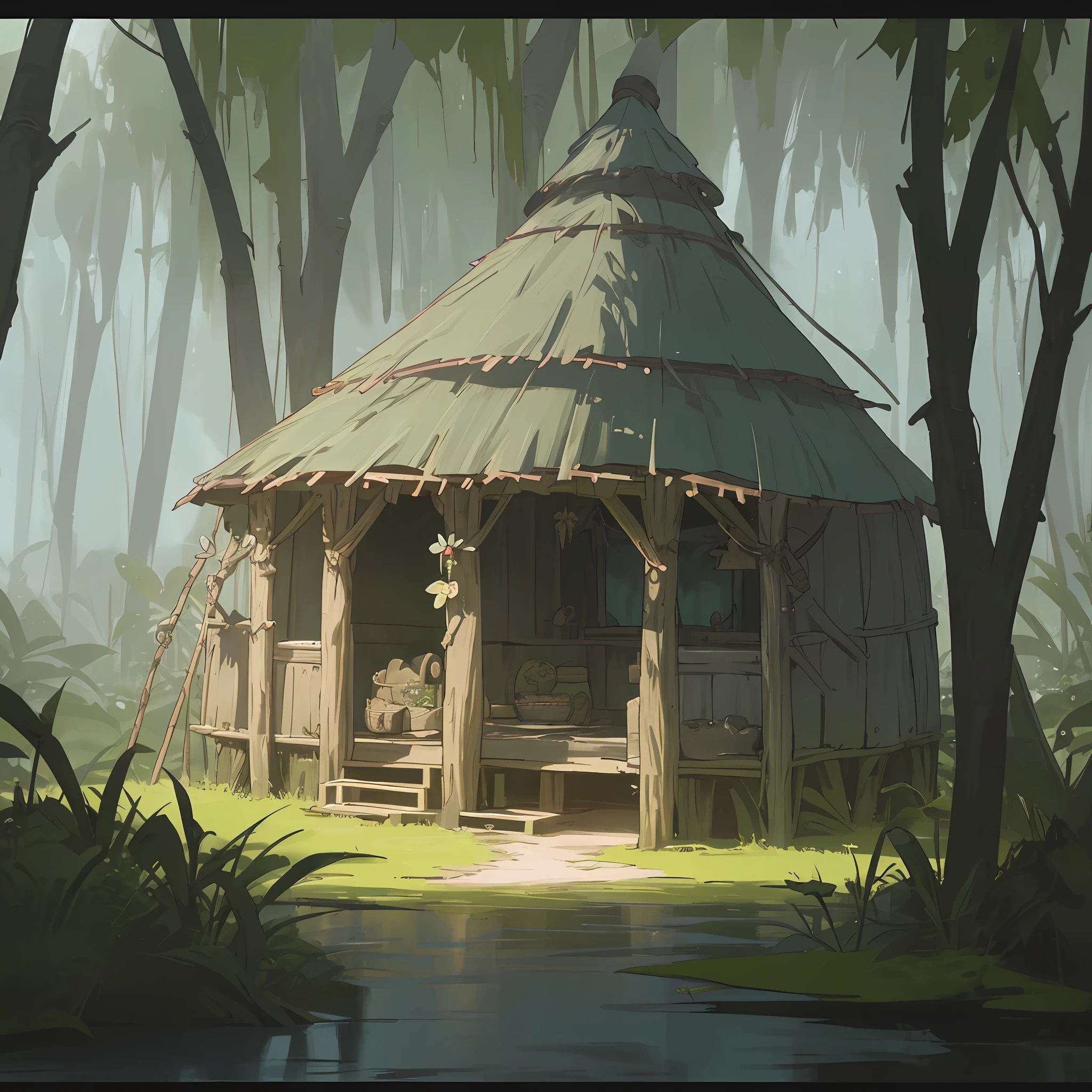 aspect ratio: 16:9, stylized art, masterpiece, best quality, high resolution, swamp jungle, shaman's hut, dark fantasy