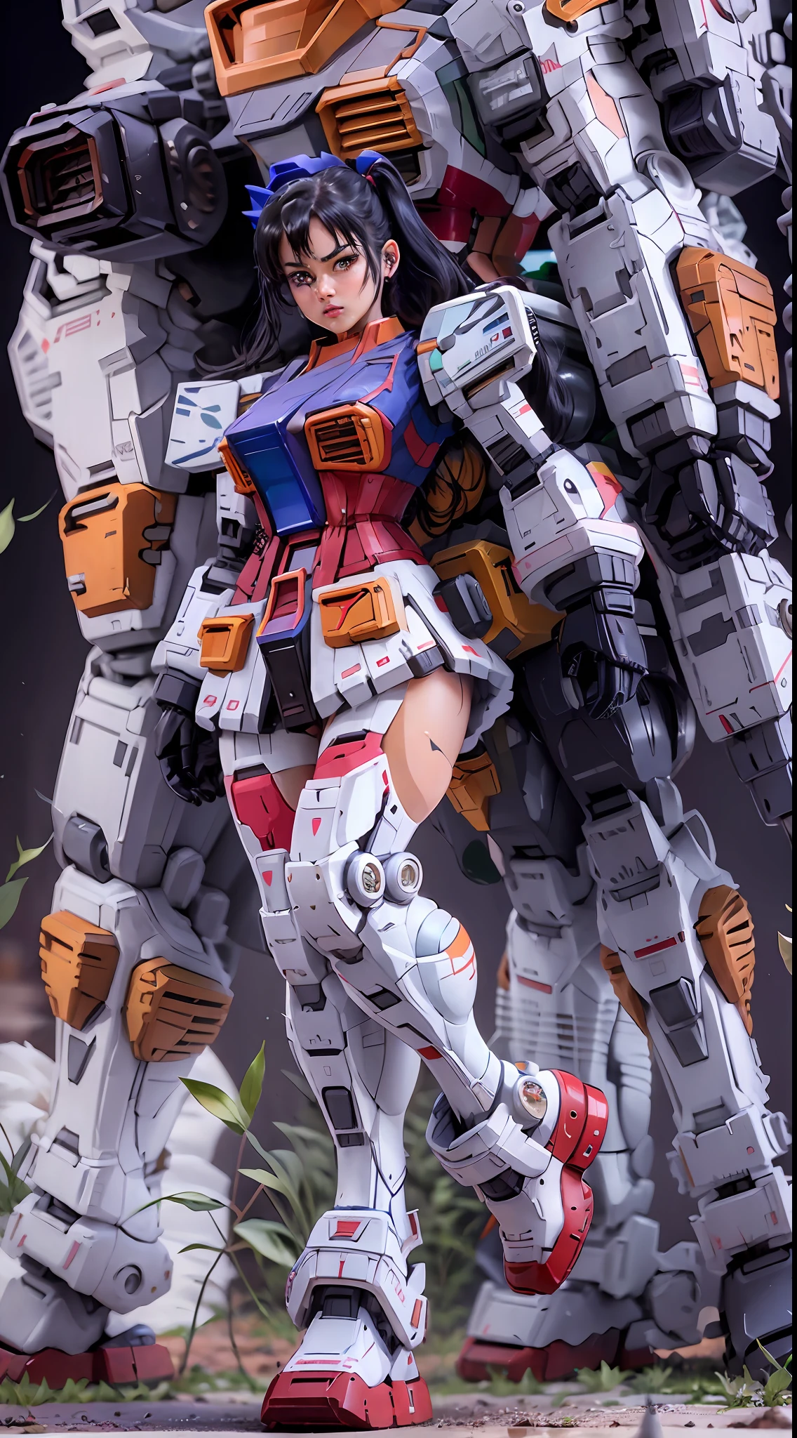 gundam\(rx78\), ultra high res, best quality, photo, 4k, realistic, (photorealistic:1.4), 1girl, solo, (full body:1.1), twin ponytail, black hair, beautiful face, beautiful eyes, in the spaceship, running, mecha armor, short skirt, tight shirt