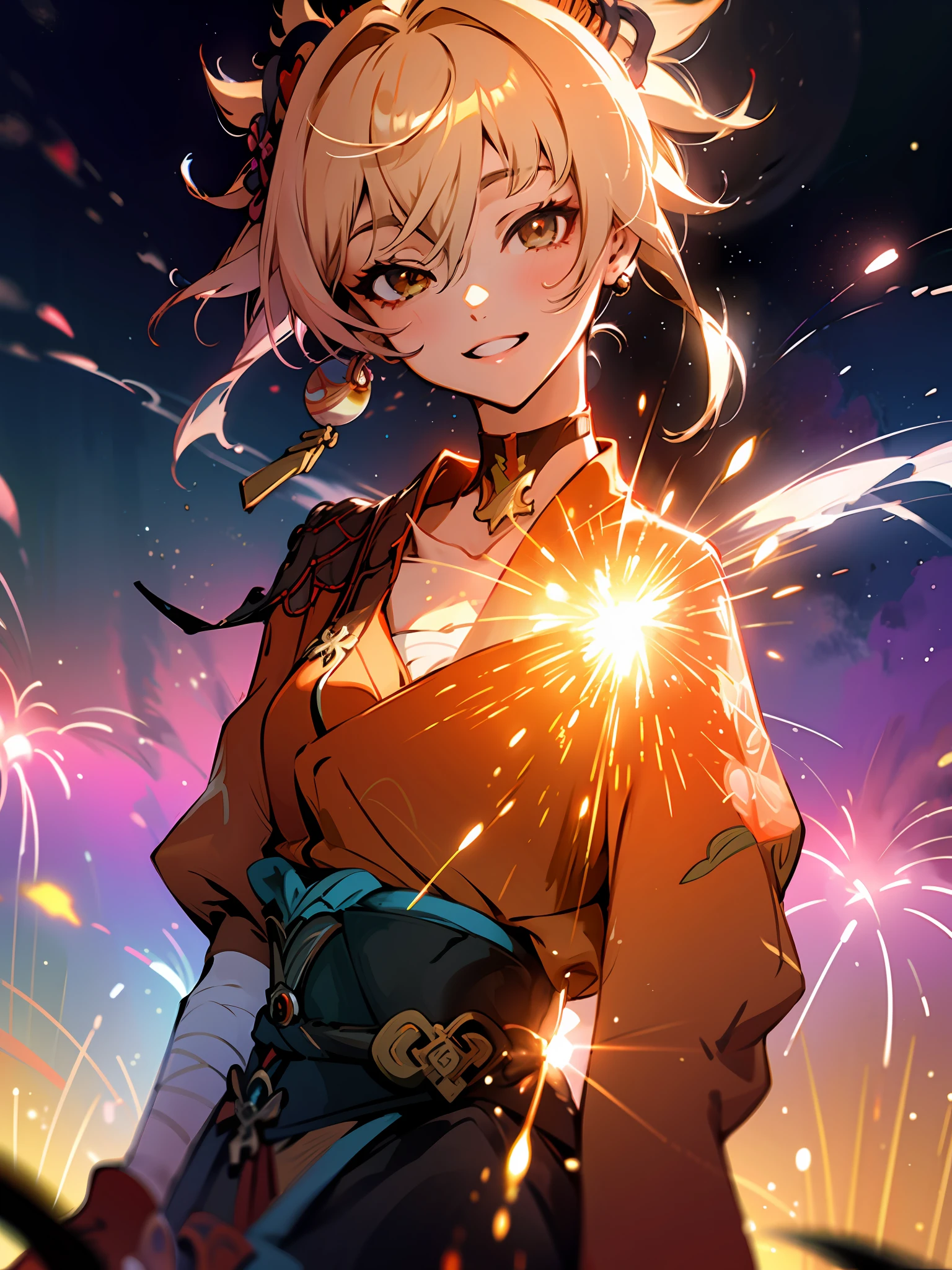 masterpiece, best quality, highres, ultra-detailed, artbook, anime coloring, CG, illustration , fantasy, mksks ,1girl, solo, earring, choker, background is a huge ornate circular pattern, smile, happy looking at viewer, fireworks, stars, night, outdoors, dutch angle, face focus, upper body, yoimiya \(genshin impact\)