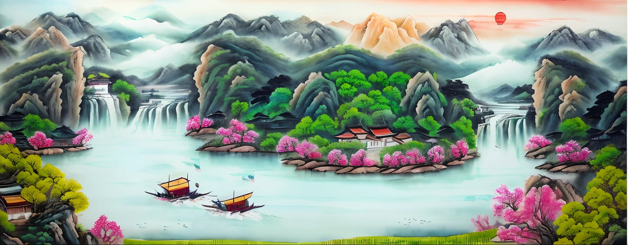 painting of a boat in a river surrounded by mountains and trees, chinese landscape, scenery artwork, beautiful art uhd 4 k, detailed painting 4 k, chinese style painting, scenery art detailed, chinese watercolor style, chinese painting style, peaceful landscape, painted landscape, nature painting, traditional chinese painting, traditional chinese watercolor, chinese painting, in a serene landscape, dream scenery art
