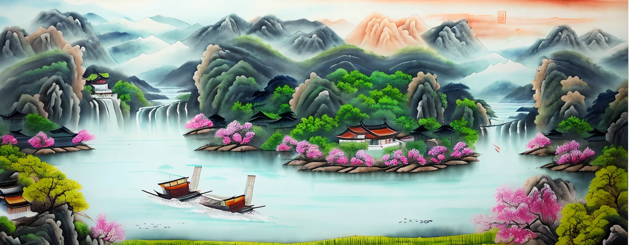painting of a boat in a river surrounded by mountains and trees, chinese landscape, scenery artwork, beautiful art uhd 4 k, detailed painting 4 k, chinese style painting, scenery art detailed, chinese watercolor style, chinese painting style, peaceful landscape, painted landscape, nature painting, traditional chinese painting, traditional chinese watercolor, chinese painting, in a serene landscape, dream scenery art
