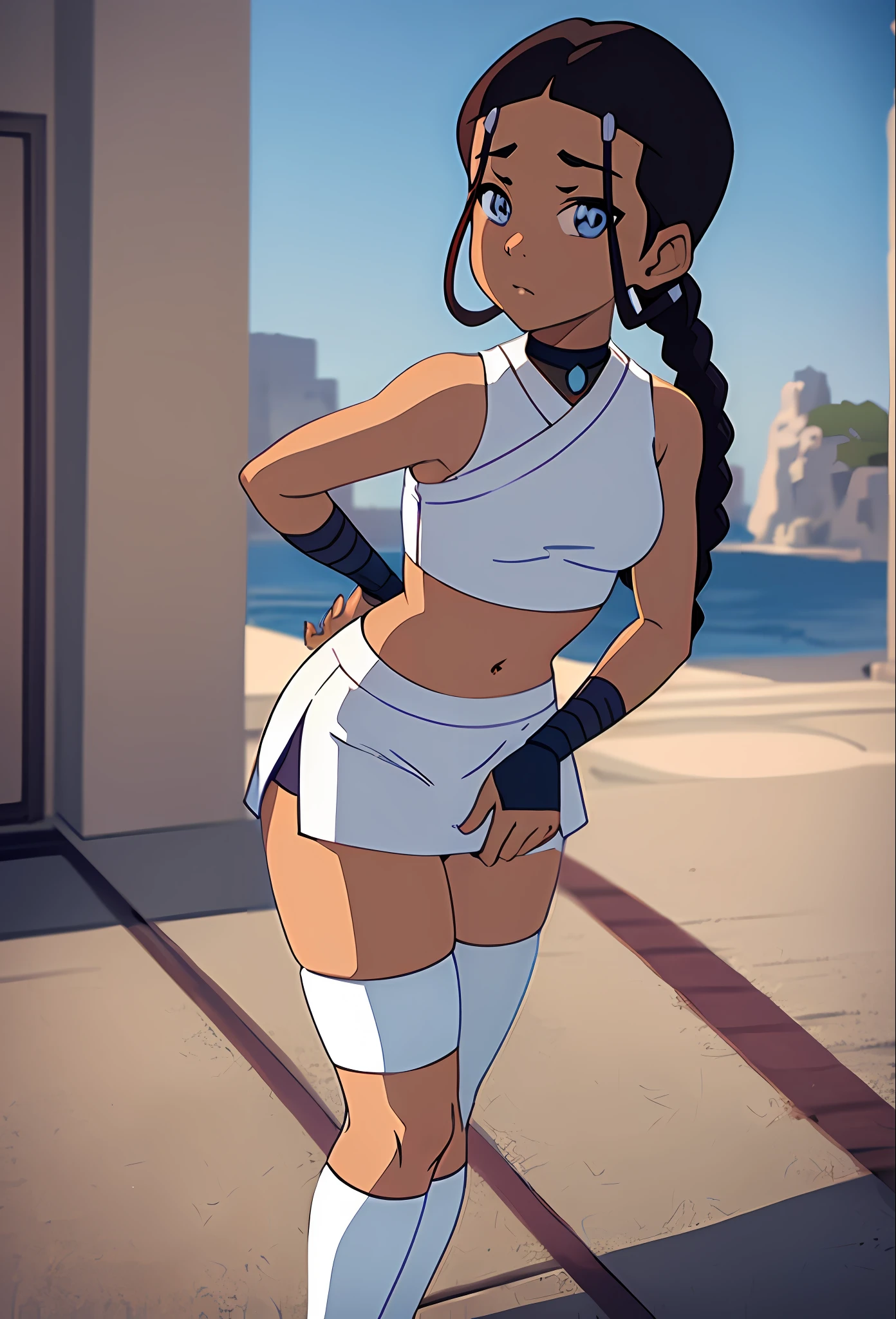 masterpiece, best quality, 1girl, katara, toned, dark skin, braid, jewelry, looking at viewer innocently, white crop top, white tennis skirt, thigh high socks, white sneakers, sunshine (blue eyes:0.6)
