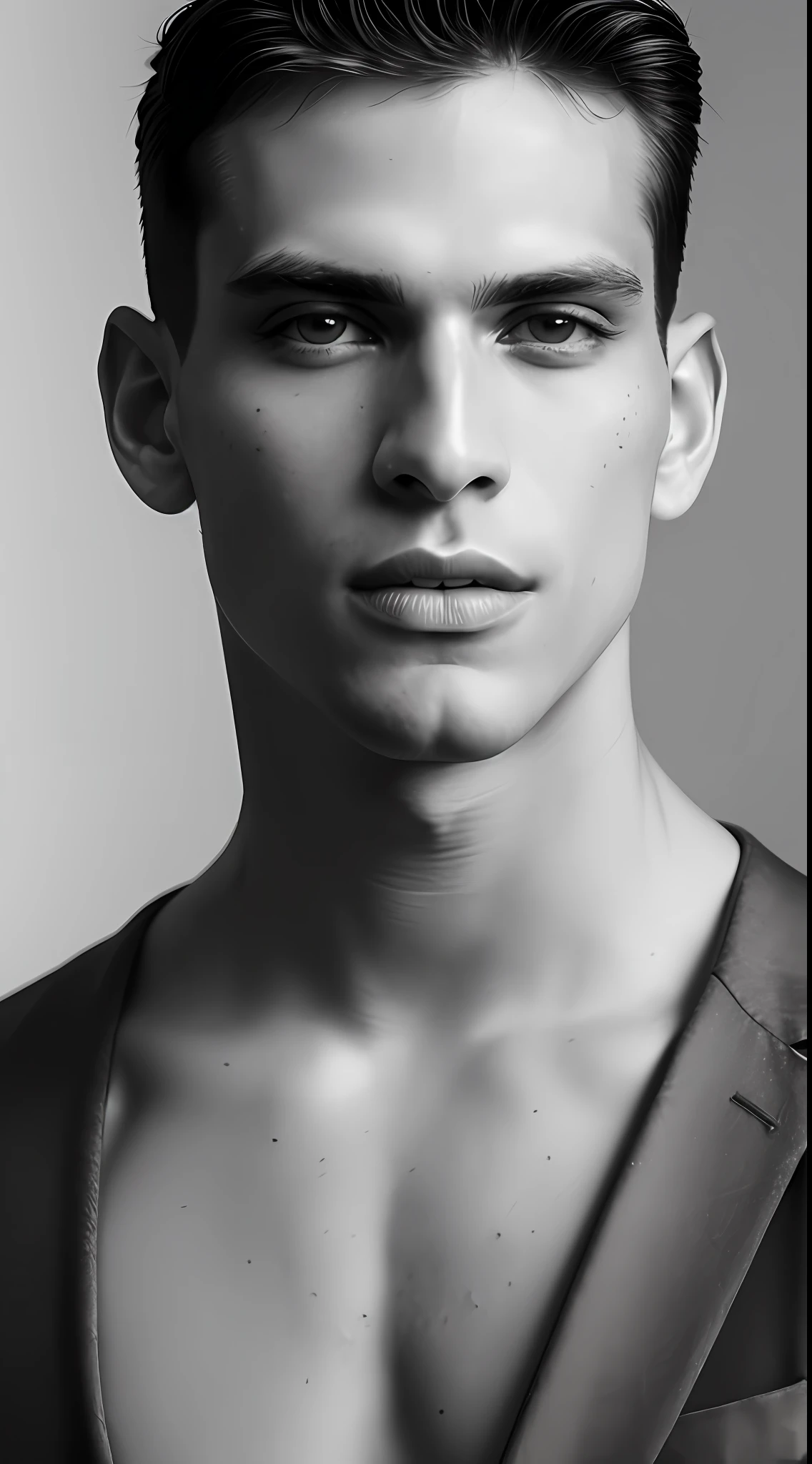 Raw photo, Photo essay, fashion photography, male model, queer, soft earthy makeup, earthy eye shadow, Brazilian man, South American man, light eyes, fabric as background, fashion, beauty editorial, glitter, illuminated background, diffuse light, whole body, portrait plane, black and white, realistic, high quality, Sony A7III, 8k, 16 mm 2.4 lens, Soft Black Mist Filter