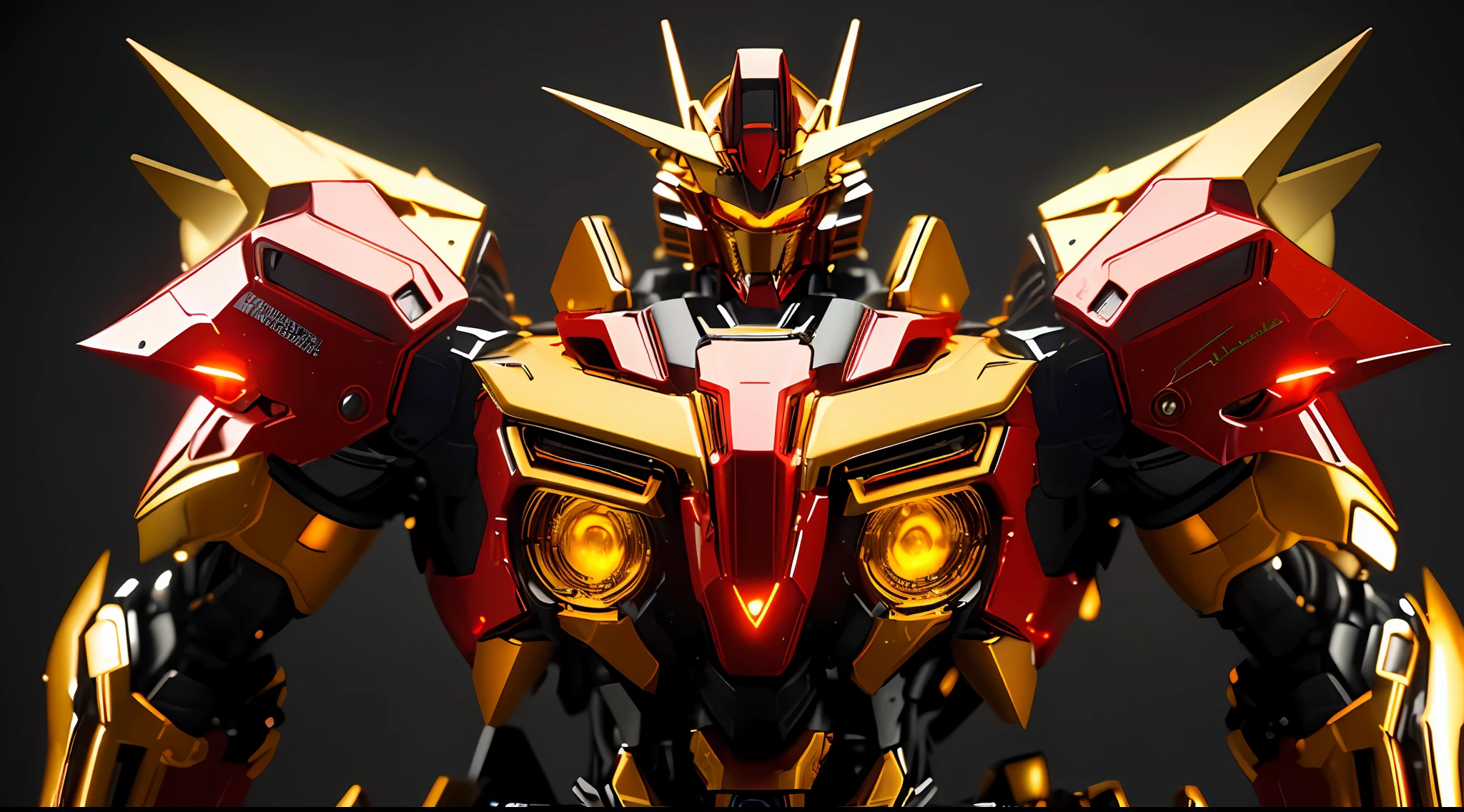 ((masterpiece)), (((best quality))), ((ultra-detailed)), ((illustration)), dynamic angle,yellow,gold body,black,red,transparent background, cowboy shot, ((solo)), mecha, looking at viewer,standing, weapon,v-fin,(from side), mechanical head, Cannon,glowing, spikes, ((from above:1.2)),realistic