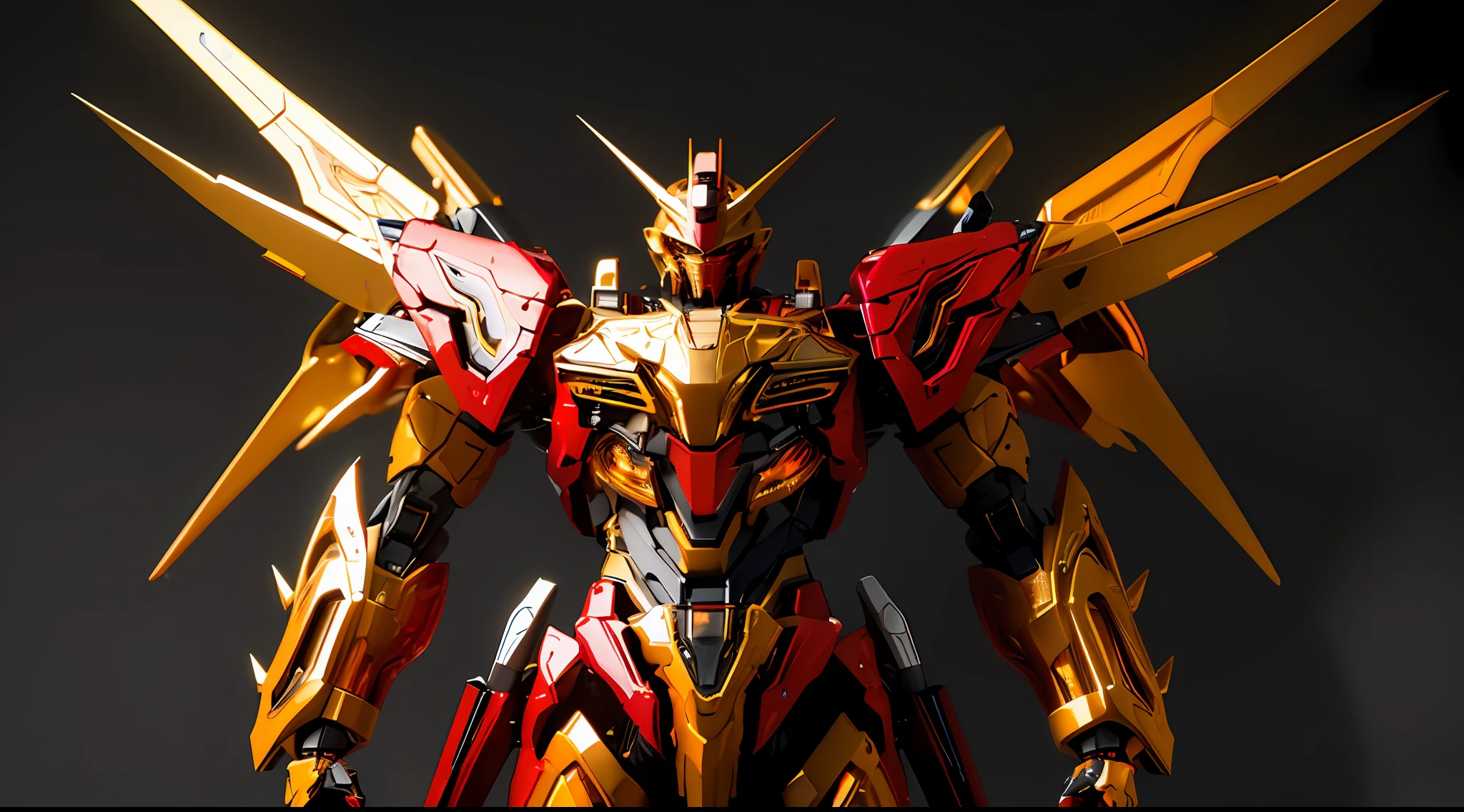 ((masterpiece)), (((best quality))), ((ultra-detailed)), ((illustration)), dynamic angle,yellow,gold body,black,red,transparent background, cowboy shot, ((solo)), mecha, looking at viewer,standing, weapon,v-fin,(from side), mechanical head, Cannon,glowing, spikes, ((from above:1.2)),realistic