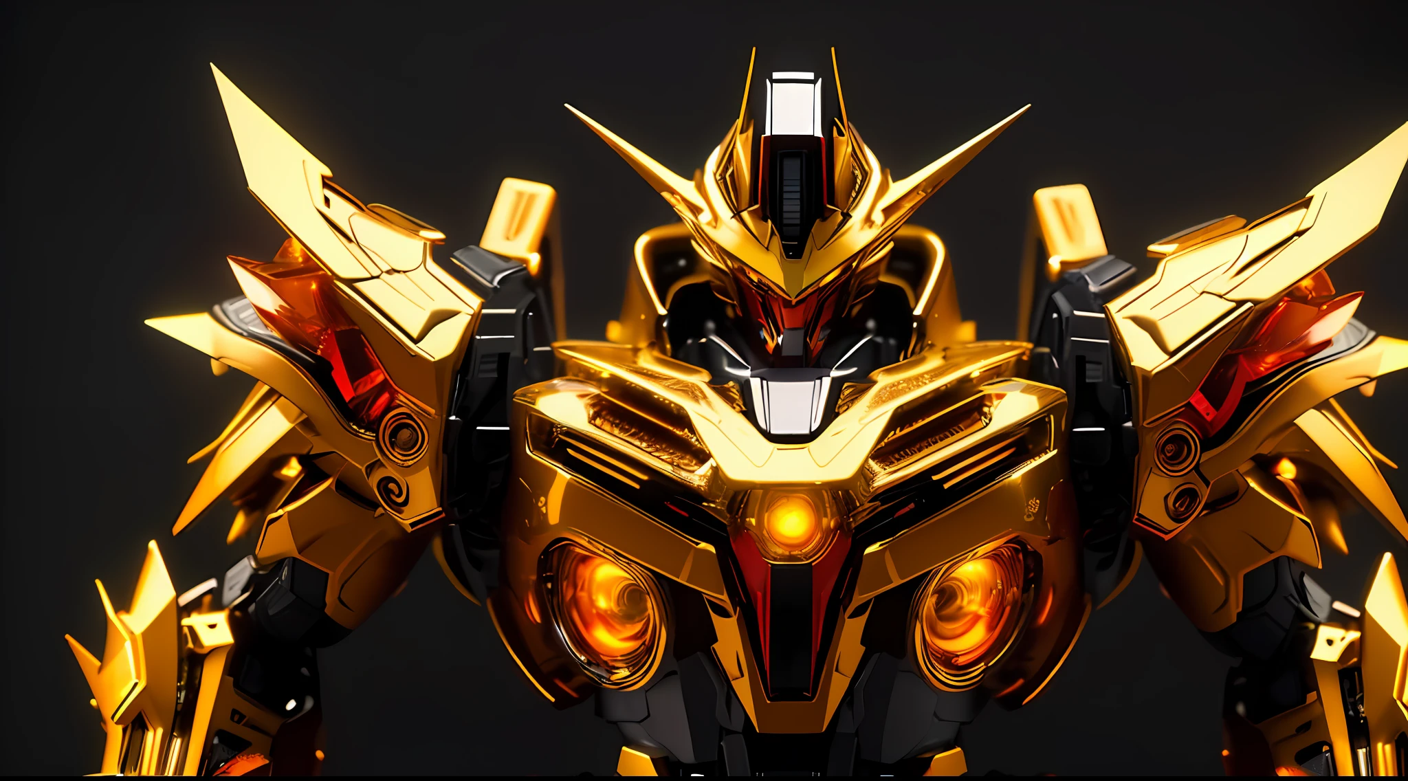 ((masterpiece)), (((best quality))), ((ultra-detailed)), ((illustration)), dynamic angle,yellow,gold body,black,red,transparent background, cowboy shot, ((solo)), mecha, looking at viewer,standing, weapon,v-fin,(from side), mechanical head, Cannon,glowing, spikes, ((from above:1.2)),realistic