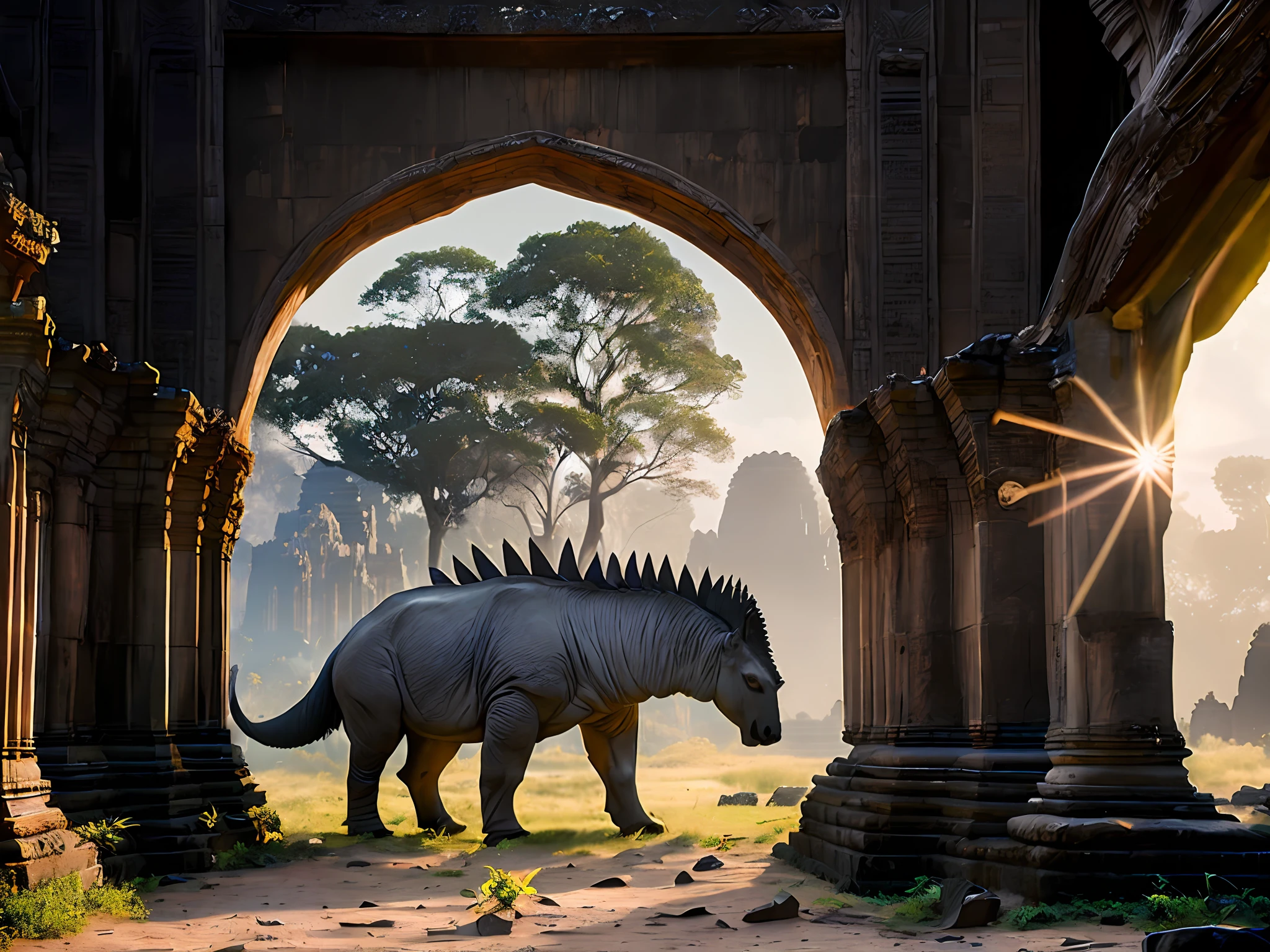 (A stegosaurus grazing peacefully in the ruins of Angkor:1.3 in Cambodia), ultra realistic, amazing photo, 8k, RAW photo, best quality, masterpiece:1.2), (ultra high res, photorealistic:1.4),Cinematic Light,(soft volumetric lighting:1.2), (realistic, photo-realistic:1.37), detailed skin, professional lighting, Photography, Sharp focus, detailed ,professional lighting, photon mapping, detailed and intricate environment,highly detailed,best quality,8k artistic photography, photorealistic concept art, soft natural volumetric cinematic perfect light,MIDJOURNEY,3DMDT