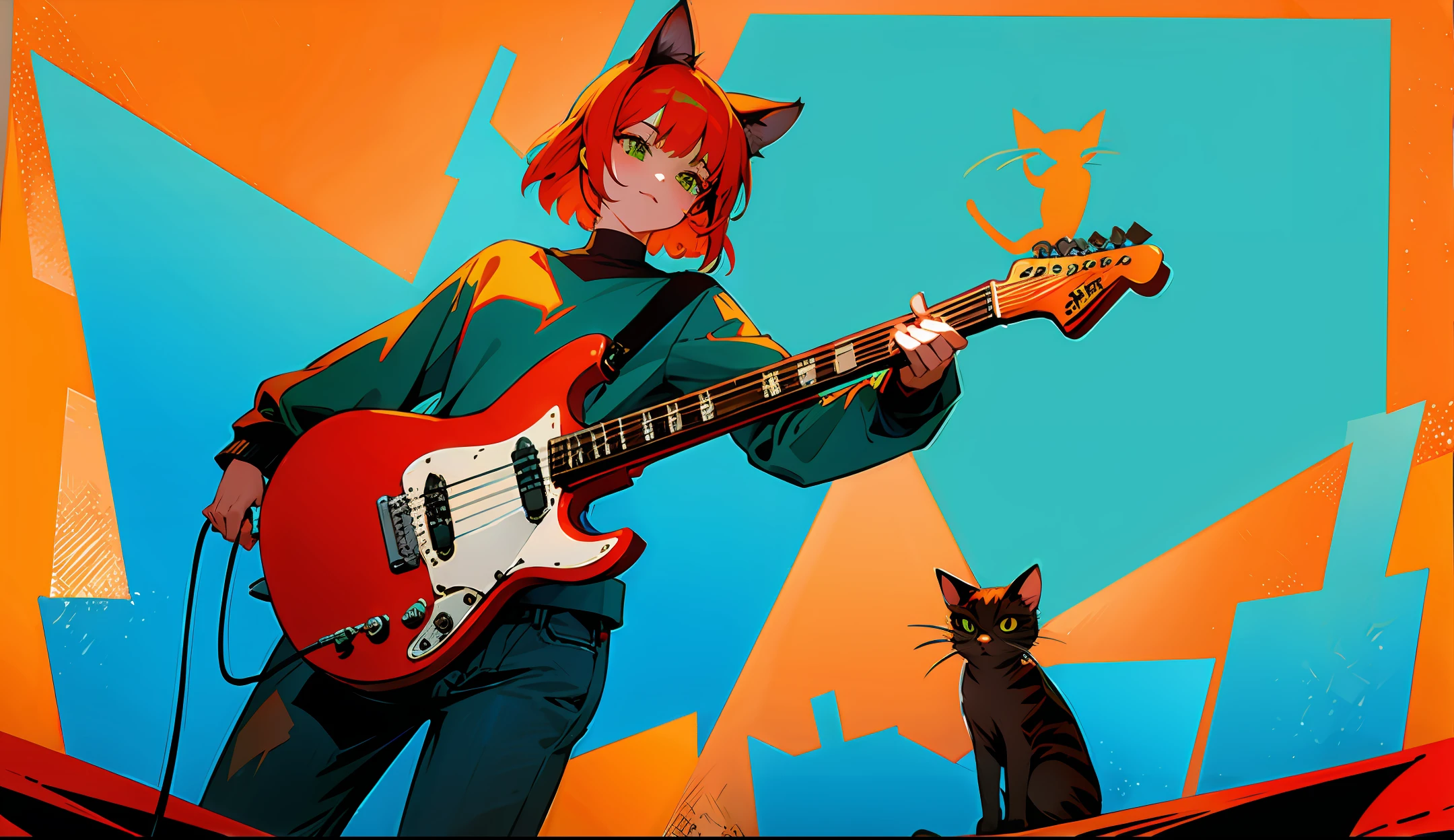 Cat standing holding guitar