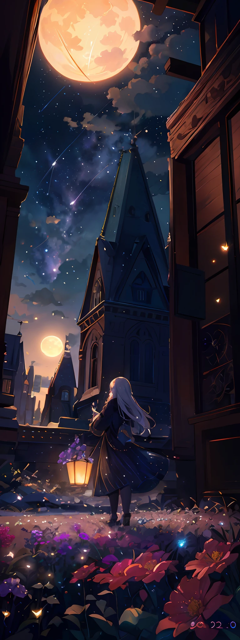 Expansive landscape photograph, (view from below with a view of the sky and wilderness below), girl standing in a flower field looking up, (full moon: 1.2), (shooting star: 0.9), (nebula: 1.3), distant mountain, tree break production art, (warm light source: 1.2), (firefly: 1.2), lamp, purple and orange, intricate detail, volume lighting, realism break (masterpiece: 1.2) (Best Quality), 4K, Ultra-Detailed, (Dynamic Composition: 1.4), Highly Detailed and Colorful Details, (Iridescent Colors: 1.2), (Glowing Lighting, Atmospheric Lighting), Dreamy, Magical (Solo: 1.2), Realistic Flowers, Material, Walls, Ultra-Fine Flowers, Pictures of Walls, Stars Falling, Meteor Shower, Shooting Stars, Fireflies, Small Balls of Light, Orbs, Fantastic, Light Particles, Star Rain, Starscape