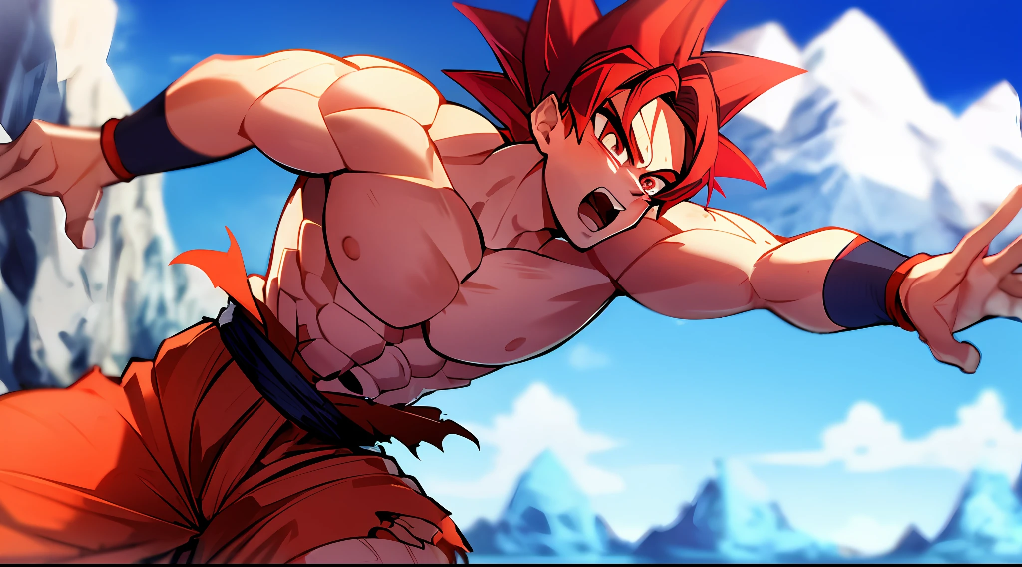 son goku, 1boy, battle damage, blue sky, blurry, blurry background, dougi, glacier, male focus, open mouth, red eyes, red hair, sky, solo, super saiyan, super saiyan god, torn clothes, ((masterpiece))