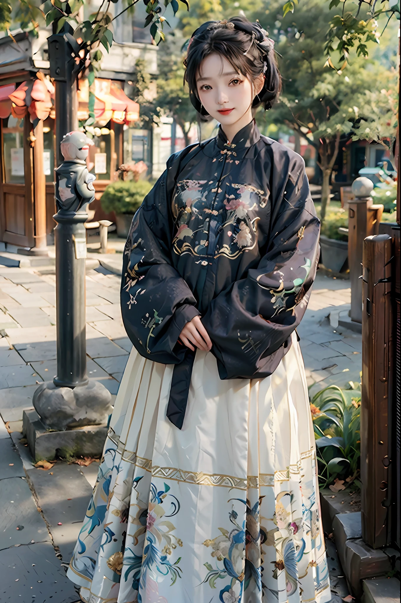 1girl,standing, full body, chinese clothing, best quality, masterpiece, Illustrations, very delicate beauty, very detailed, CG, solidarity, 8K wallpaper, amazing, fine detail, highly detailed CG Unity 8K wallpaper, very detailed, (best illustration: 1.1), (best shadow: 1.1), super high resolution, (reality: 1.1), (realistic 1.2:1.1), realistic face proportions, smile, (makeup: 0.4), (fluffy dark eyes: 1.21), (irregular and irregular skin blemishes, veins, skin wrinkles pores: 1.2), (daytime street background: 1.2), (bokeh: 1.4),