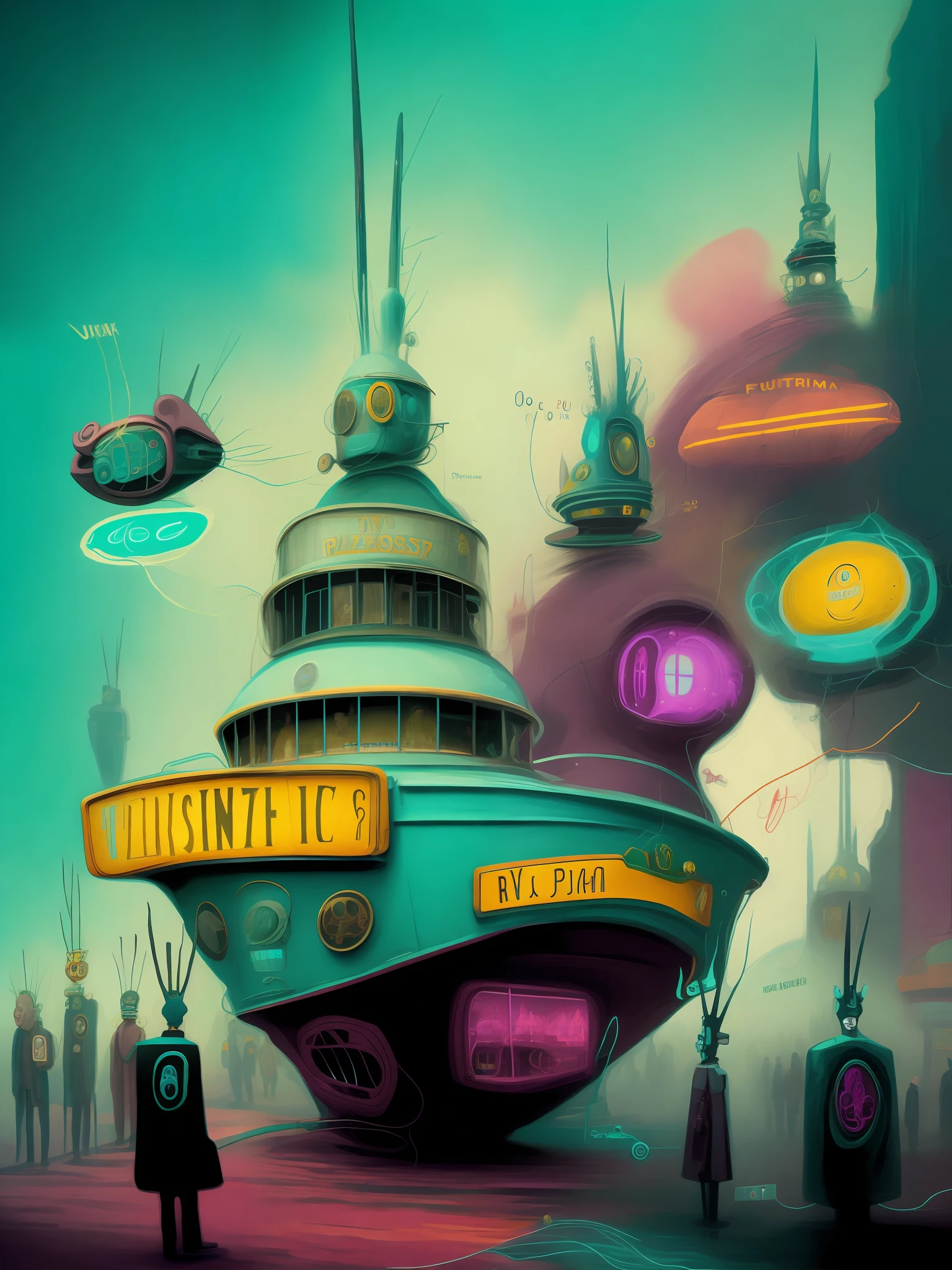 a painting of a group of strange-looking people,FUTURAMA SHIP,JACK