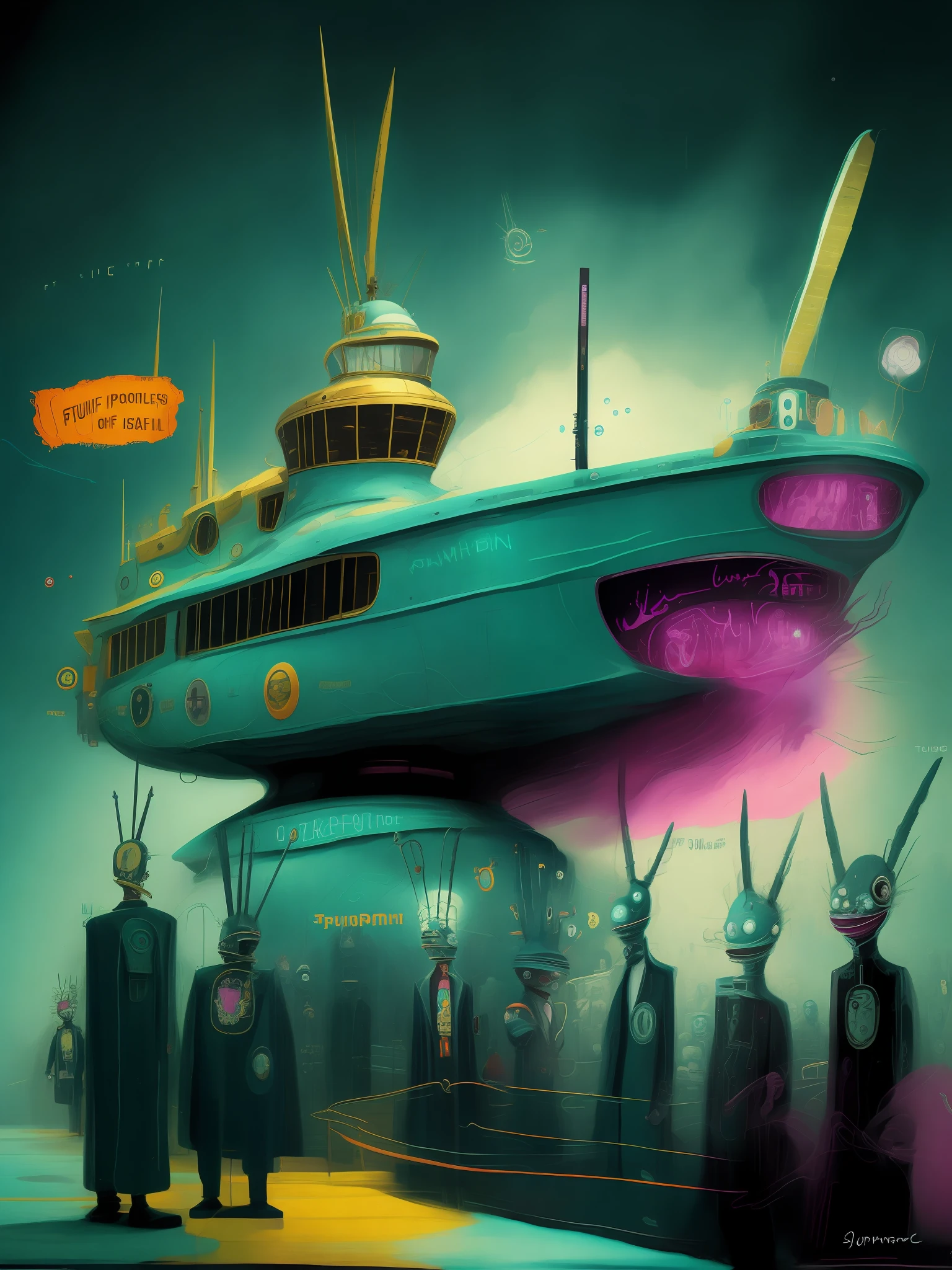 a painting of a group of strange-looking people,FUTURAMA SHIP,JACK