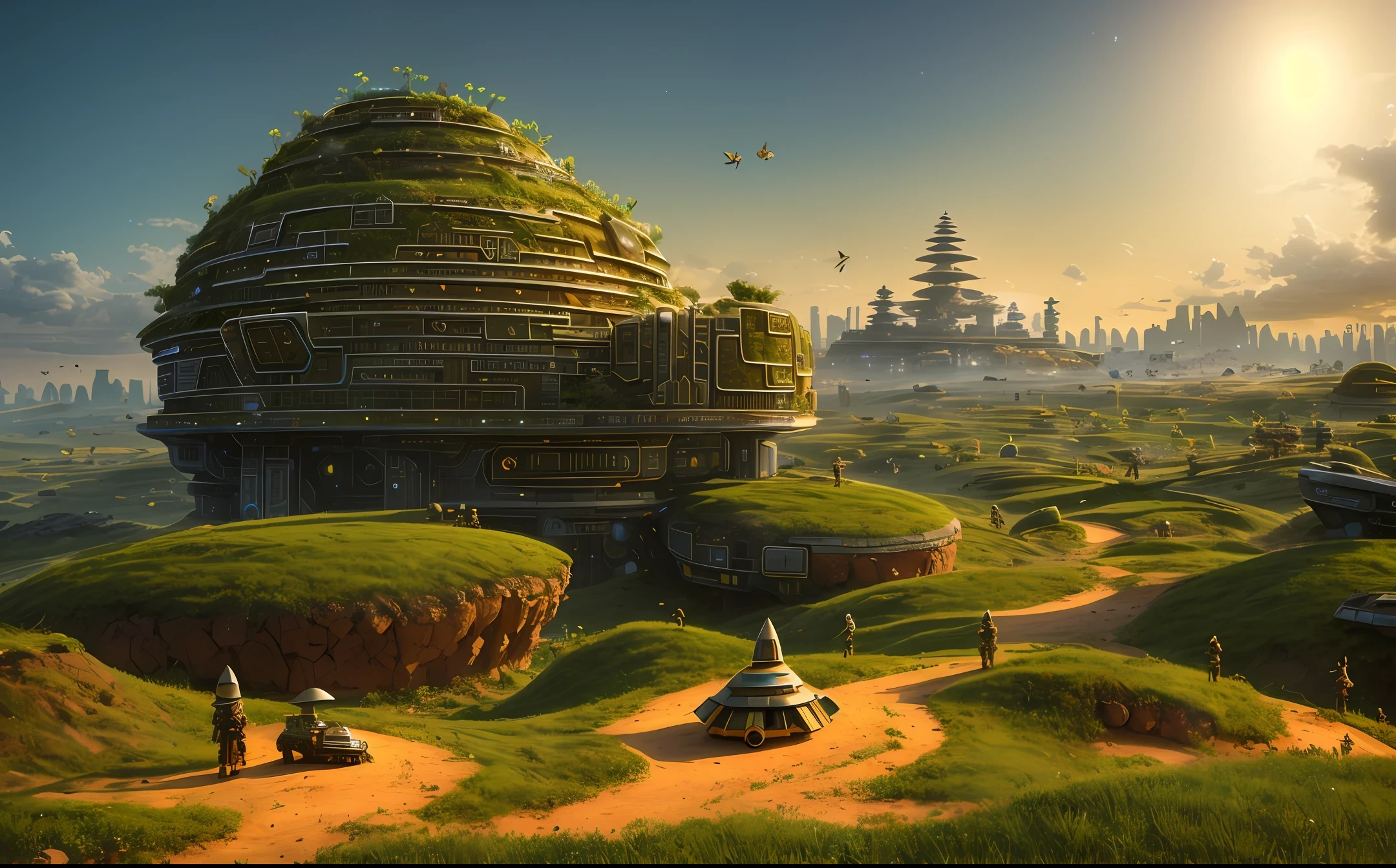 An anthill in a futuristic style, standing on a hill, with a multi-level structure, with many lighting effects (lines, high-tech stripes), standing among the many ruins of enemy anthills in the background, also in the background night, illuminated by the light of crickets in the distance, 3D, HD