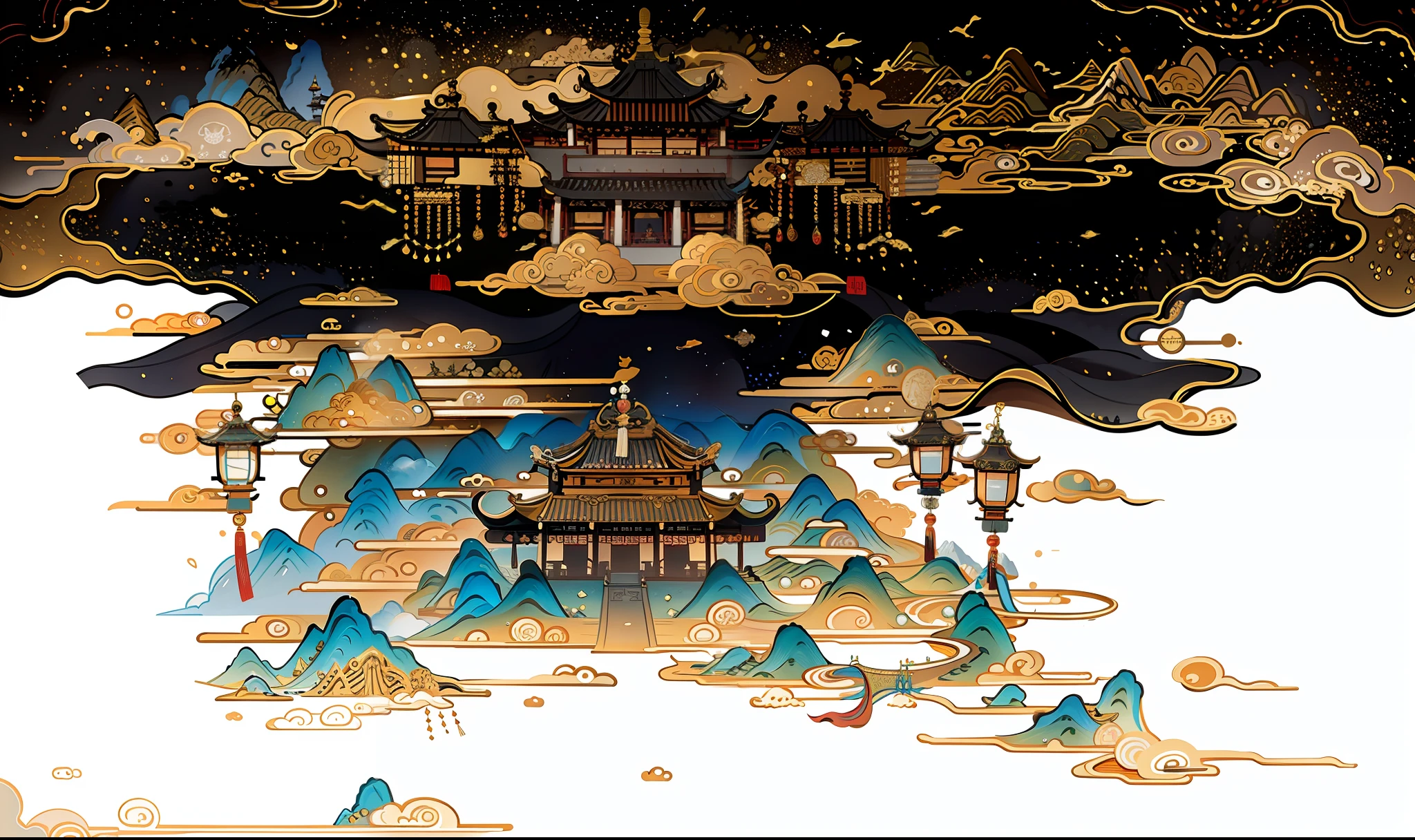 An ancient Chinese painting, mountains, rivers, auspicious clouds, pavilions, sunshine, white background, masterpiece, super detail, epic composition, ultra HD, high quality, extremely detailed, official art, unified 8k wallpaper, Super detail, 32k -- v 6