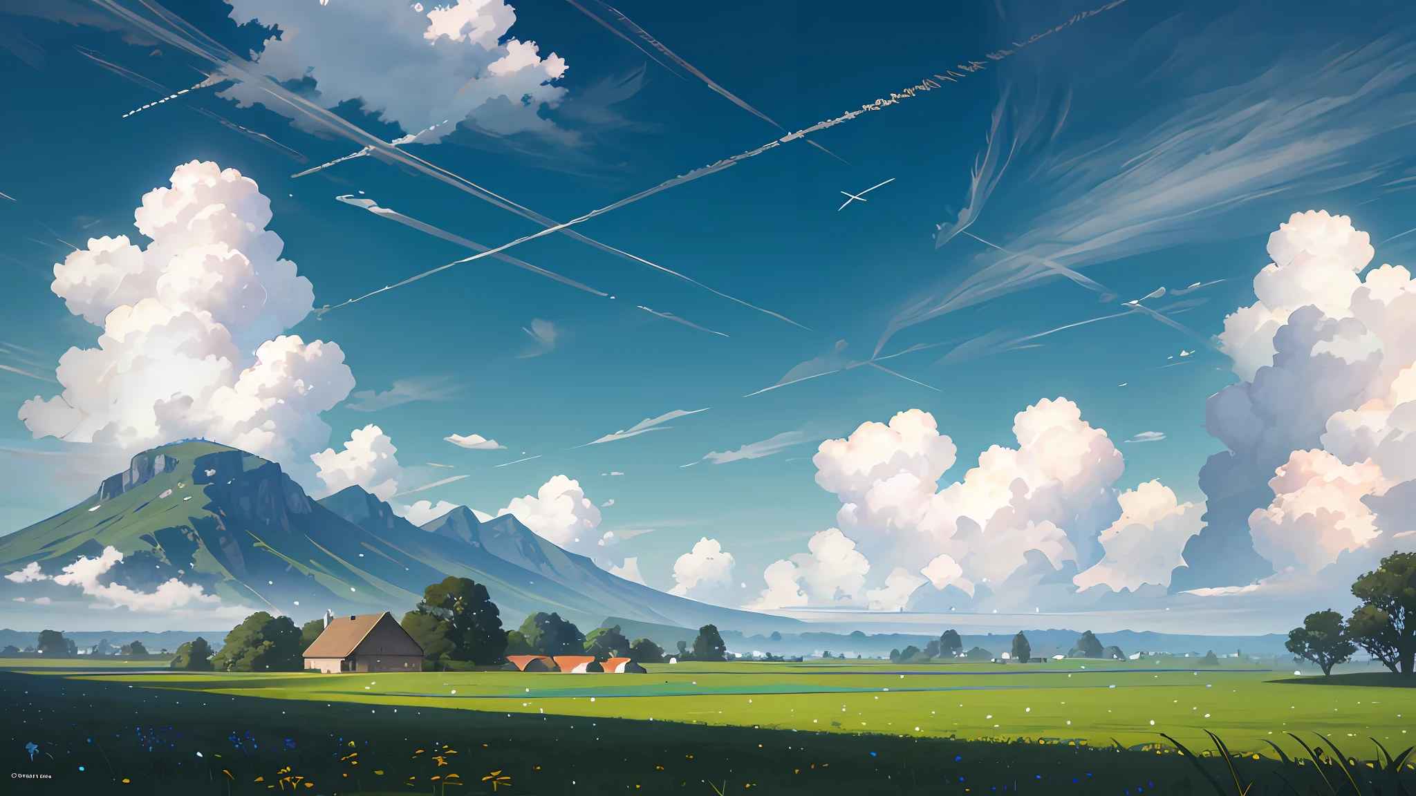 Summer, meadows, heavenly views, large clouds, blue skies, hot weather, green field, a small village far away, HD detail, wet watermarks, hyper-detail, cinematic, surrealism, anime, soft light, deep field focus bokeh, ray tracing, and surrealism. --v6