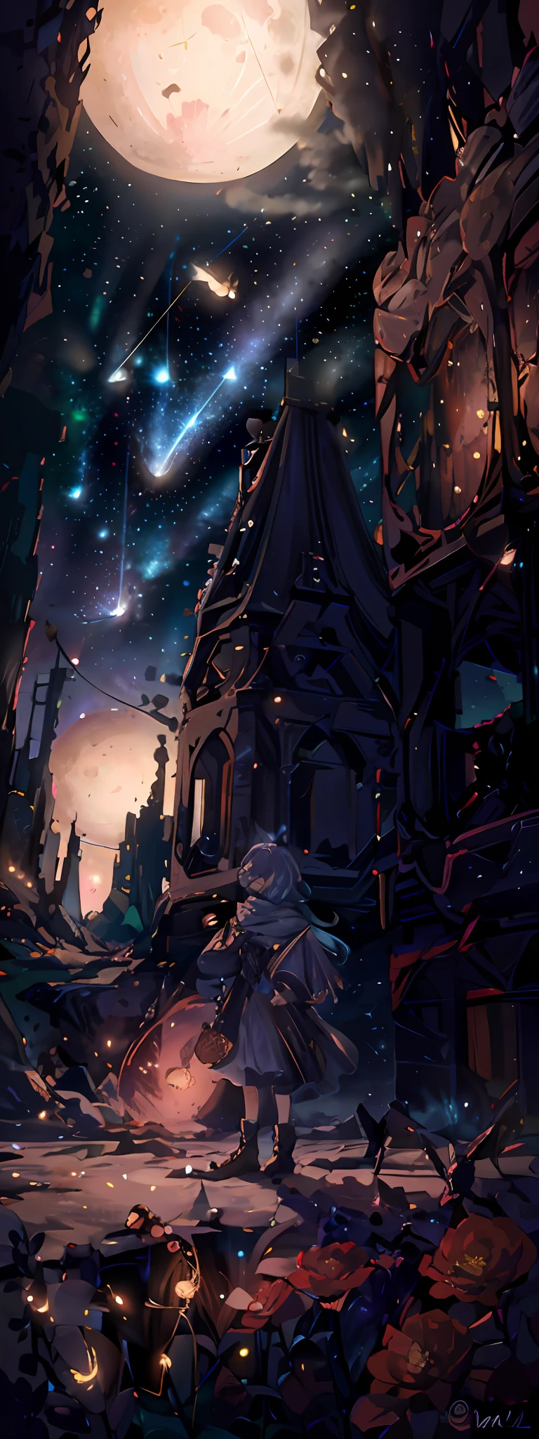 Expansive landscape photograph, (view from below with a view of the sky and wilderness below), girl standing in a flower field looking up, (full moon: 1.2), (shooting star: 0.9), (nebula: 1.3), distant mountain, tree break production art, (warm light source: 1.2), (firefly: 1.2), lamp, purple and orange, intricate detail, volume lighting, realism break (masterpiece: 1.2) (Best Quality), 4K, Ultra-Detailed, (Dynamic Composition: 1.4), Highly Detailed and Colorful Details, (Iridescent Colors: 1.2), (Glowing Lighting, Atmospheric Lighting), Dreamy, Magical (Solo: 1.2), Realistic Flowers, Material, Walls, Ultra-Fine Flowers, Pictures of Walls, Stars Falling, Meteor Shower, Shooting Stars, Fireflies, Small Balls of Light, Orbs, Fantastic, Light Particles, Star Rain, Starscape