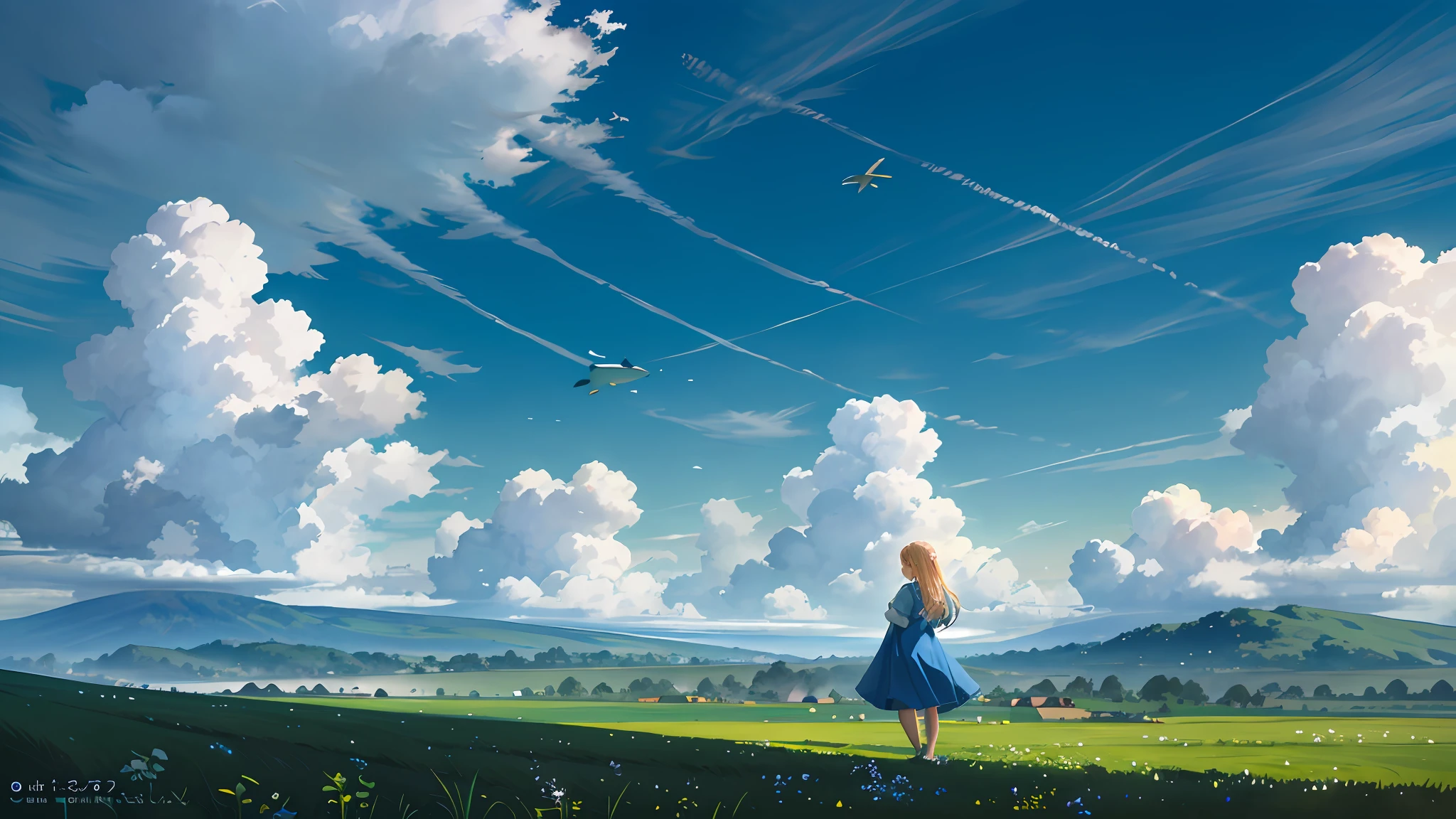 Summer, meadows, heavenly views, large clouds, blue skies, hot weather, green field, a small village far away, a huge whale floating in sky, fantasy, HD detail, wet watermarks, hyper-detail, cinematic, surrealism, soft light, deep field focus bokeh, ray tracing, and surrealism. --v6