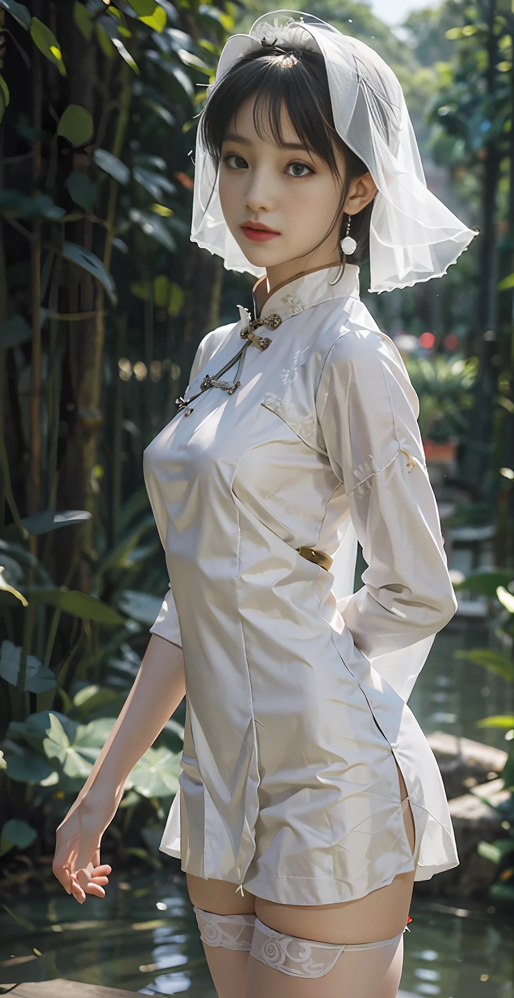 Full body, high heels, there is a woman in a white dress and veil posing for a photo, Ao Dai, white Hanfu, palace, a girl in Hanfu, elegant lady in ancient Chinese clothing, Hanfu, alabaster skin, cheongsam, a beautiful woman in white, ancient white dress, wearing clothes from the 1890s,