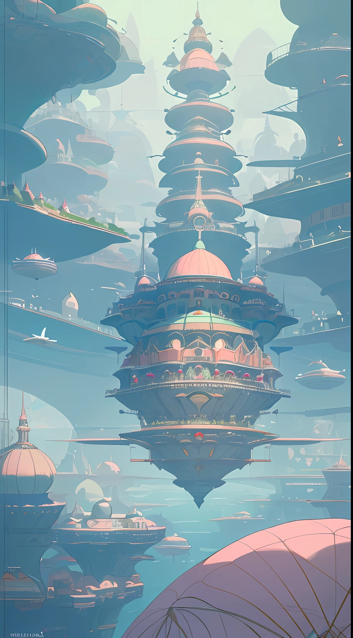 A kooky and whimsical image of a futuristic world, designed in Wes Anderson’s signature symmetrical style with high saturation colors.

The world is populated by fantastical and unusual architecture, with towering spires and bulbous domes painted in bright pinks, greens, and blues. The buildings are laid out symmetrically, creating a sense of order and balance in the bustling metropolis.

The sky is filled with airships and flying cars, moving in a sublime, labyrinthine pattern. AI-driven robots in sleek white hover around delivering parcels, while giant, luminescent sea creatures made of plastic float slowly through the sky.

The colors in this utopia are rich and saturated, with pastel pinks and blues contrasting against vivid greens and yellows. Everything is meticulously arranged, as evidence by the neat rows of buildings and the orderly traffic in the sky.

Overall, the image captures the essence of Wes Anderson's style, with its symmetry and bright, quirky design elements. It is a playful and whimsical representation of a futuristic world, where anything seems possible and the sky is the limit.