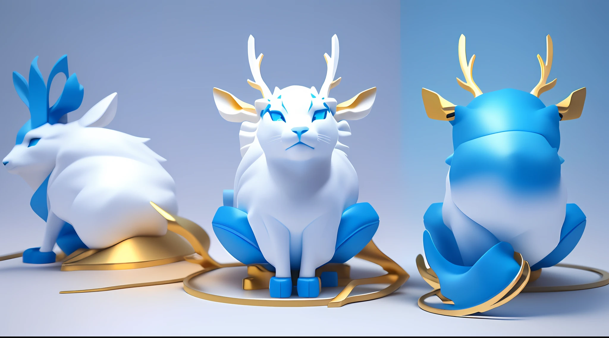 There are three identical pictures of deer with blue and gold decorations, 3D rendering stylized, stylized to 3D rendering, as shown on ArtStation, Polycount competition winner, ultra-detailed fantasy characters for hiring 3D artists, CGeSociety masterpiece, color zbrush rendering, SketchFab », stylized 3 D, drawn with Zbrush, (white fur is blue at the end of the hair: 1.5), cute, blind box
