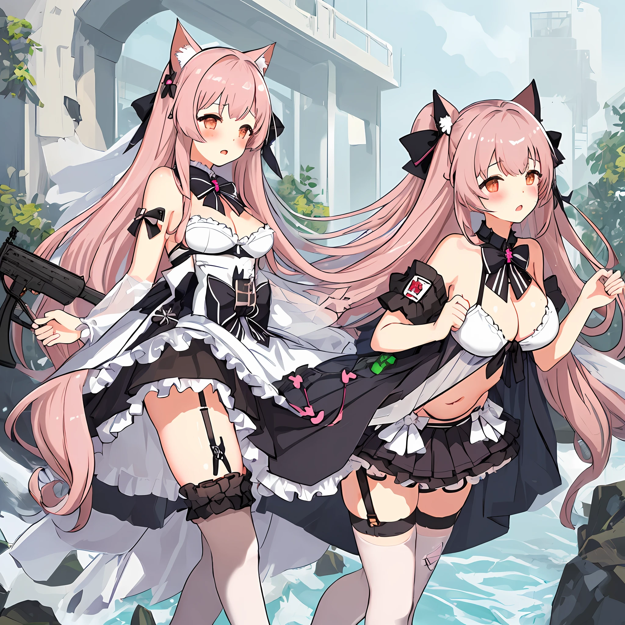 1girl,huge_filesize,masterpiece,best quality,highly detailed,wallpaper,huge_filesize,black bow,garter straps,upskirt,black sailor collar,front-tie bikini top,cat girl,cryamore,blush,very_long_hair,pink hair,tears,hands on another's hips,clover,m4a1 (girls' frontline),bandaid