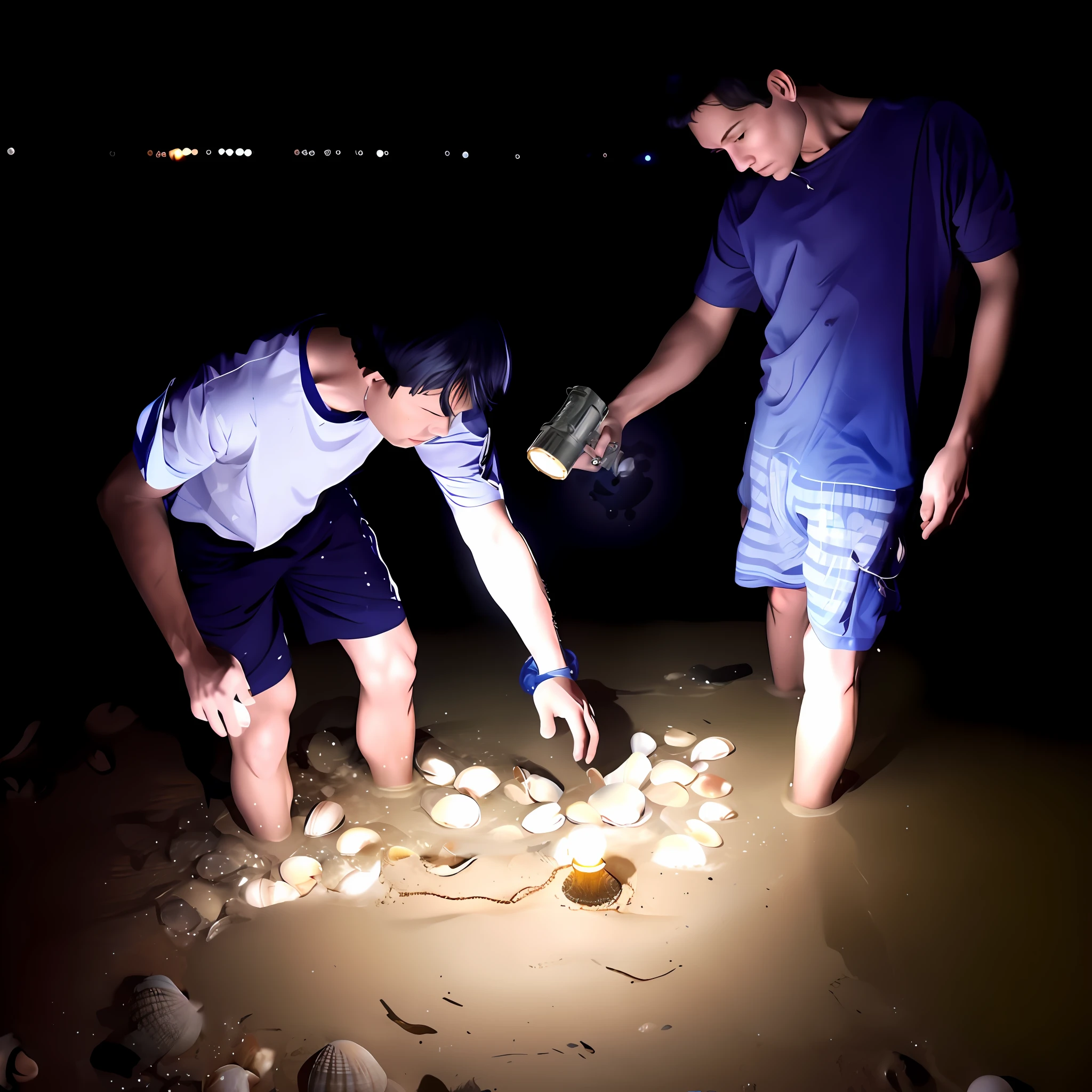 There are two people standing on the beach, there are shells on the beach, holding lamps, illuminating the shells on the beach, Baker is small, 3 am, there is a moon in the sky, bioluminescence, exploration, [bioluminescence, adventure, award-winning, night, shells, friendship, award-winning, inspirational, having fun, winning, night