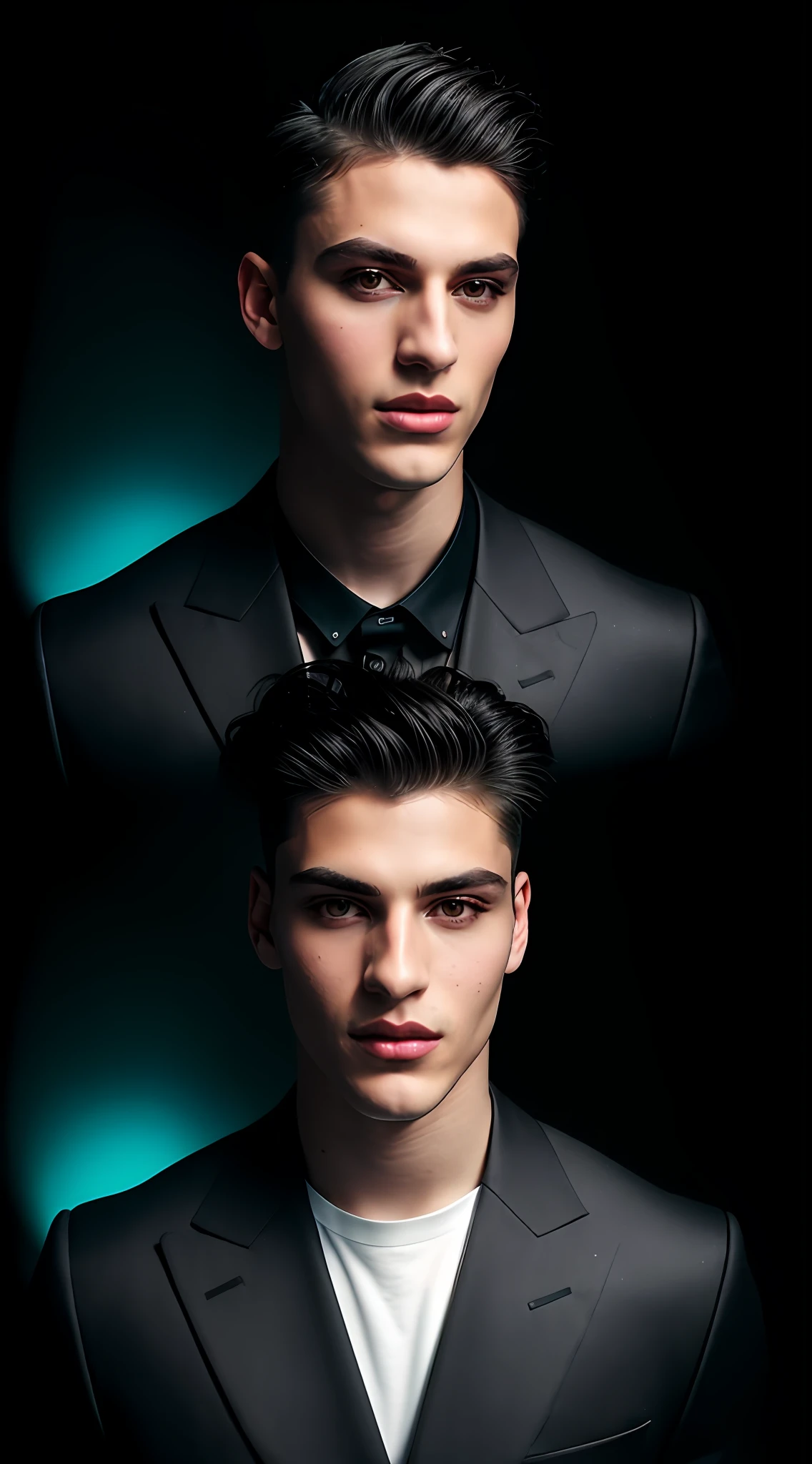 Photo in Raw, Photo essay, fashion photography, male model, queer, soft earthy makeup, earthy eye shadow, soft pink lip moisturizer, skin with a light illuminator, Brazilian man, South American man, Latino, light eyes, black fabric as background, with suit dior men autumn winter 2021 black, fashion, beauty editorial, glitter on the face, dark background, cyan light on the left and margenta light on the right, fashion pose, full body, portrait plane, realistic, high quality, Sony A7III, 8k, 16 mm 2.4 lens, soft black mist filter