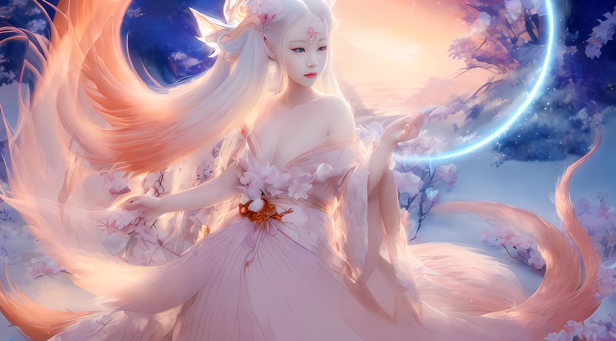 Highest quality, masterpiece, legendary nine-tailed fox), Onmyoji detailed art, 1 nine-tailed fox, ((nine-tailed)), (female face), (feminine), (off-the-shoulder), (delicate face details), delicate tail details, mythical creatures, facing the camera, beautiful digital artwork, exquisite digital illustration glare, high contrast, lens flare,