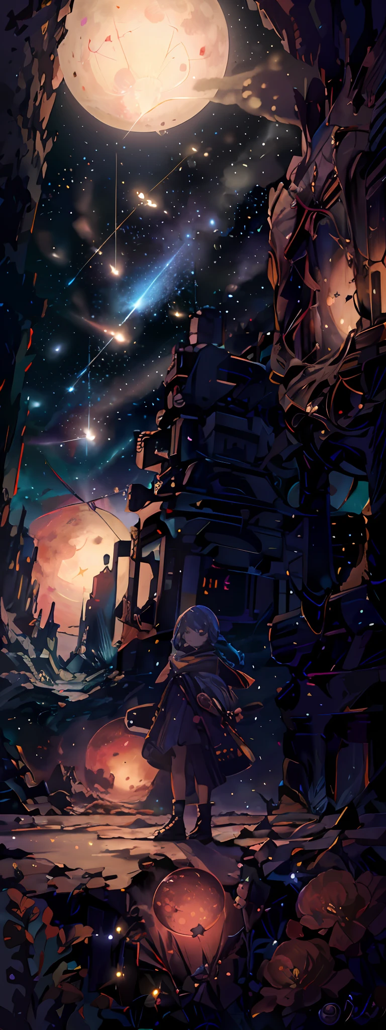 Expansive landscape photograph, (view from below with a view of the sky and wilderness below), little girl standing in a flower field looking up, (full moon: 1.2), (shooting star: 0.9), (nebula: 1.3), distant mountain, tree break production art, (warm light source: 1.2), (firefly: 1.2), lamp, purple and orange, intricate detail, volume lighting, realism break (masterpiece: 1.2) (Best Quality), 4K, Ultra-Detailed, (Dynamic Composition: 1.4), Highly Detailed and Colorful Detail, (Iridescent Colors: 1.2), (Radiant Lighting, Atmospheric Lighting), Dreamy, Magical, (Solo: 1.2), Realistic Flowers, Material, Walls, Ultra-Fine Flowers, Picturesque Walls, Falling Stars, Meteor Shower, Shooting Stars, Fireflies, Small Balls of Light, Orbs, Fantastic, Light Particles, Star Rain, Star Shake, Blue Moon, Crescent, Pentagram, First magnitude, Betelgeuse, Glass Ball