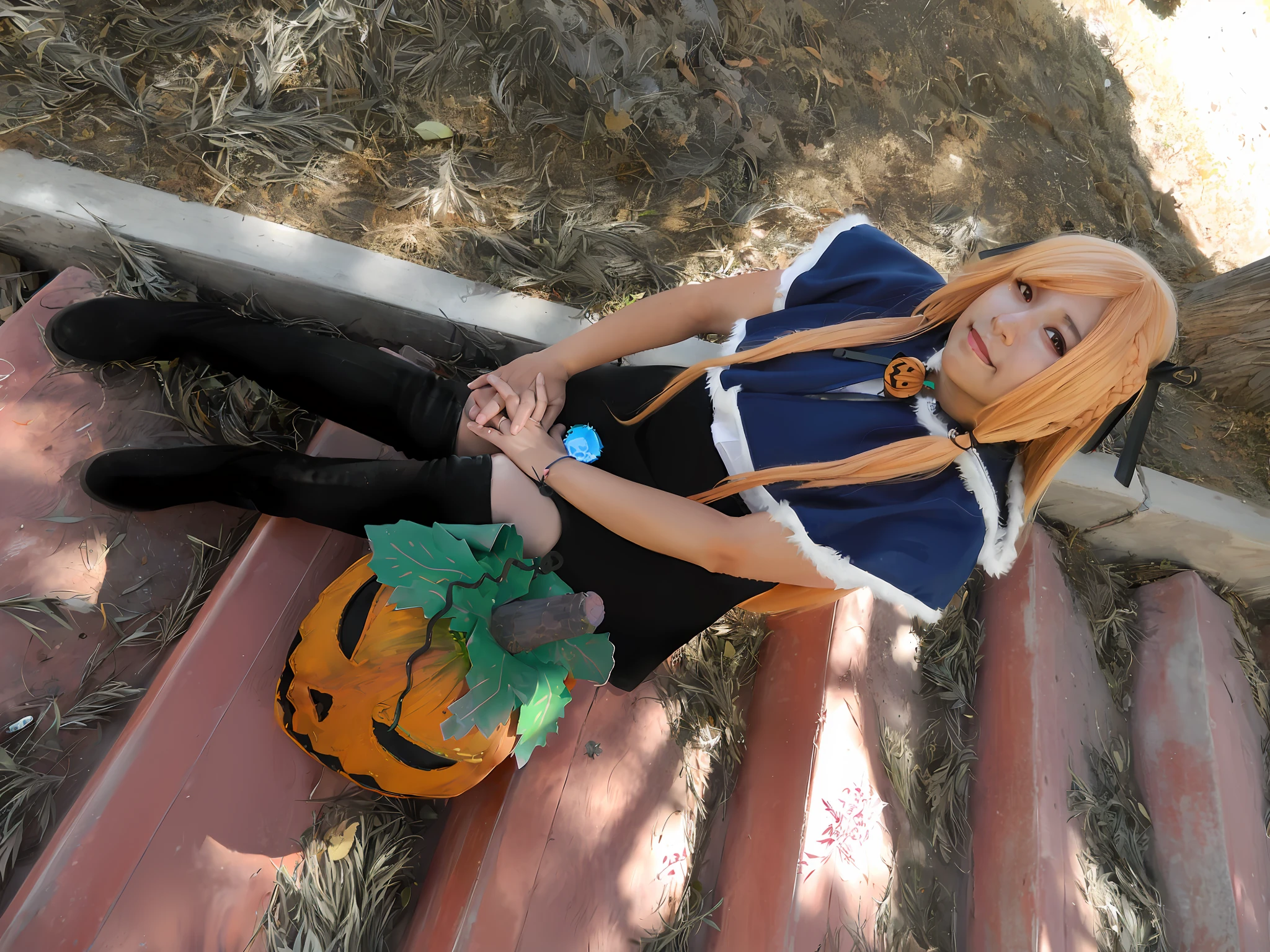there is a woman sitting on a bench with a pumpkin, loli, anime cosplay, anime girl cosplay, ayaka cosplay, cosplay photo, in a halloween style, cosplay, asuna from sao, kirisame marisa from touhou, the anime girl is crouching, ( ( misa amane # ) ), marisa kirisame, small curvy loli