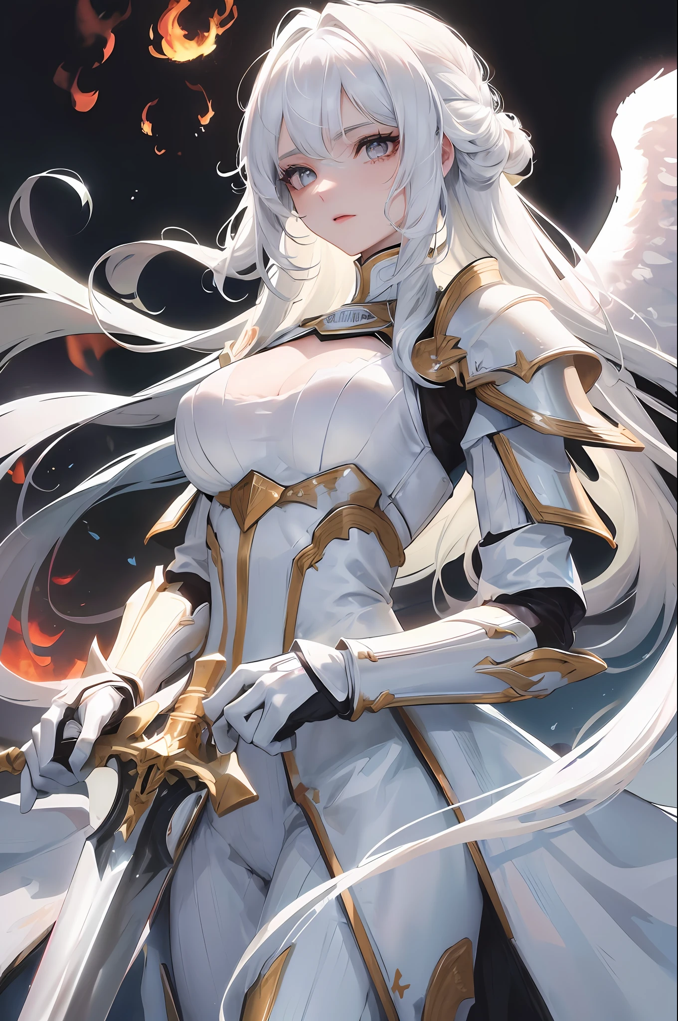 (High-definition movie-level texture) A (female) shows a beautiful (face) and (angel wings). She has (delicate face) and long (white hair), wears tech armor and holds (flaming sword).