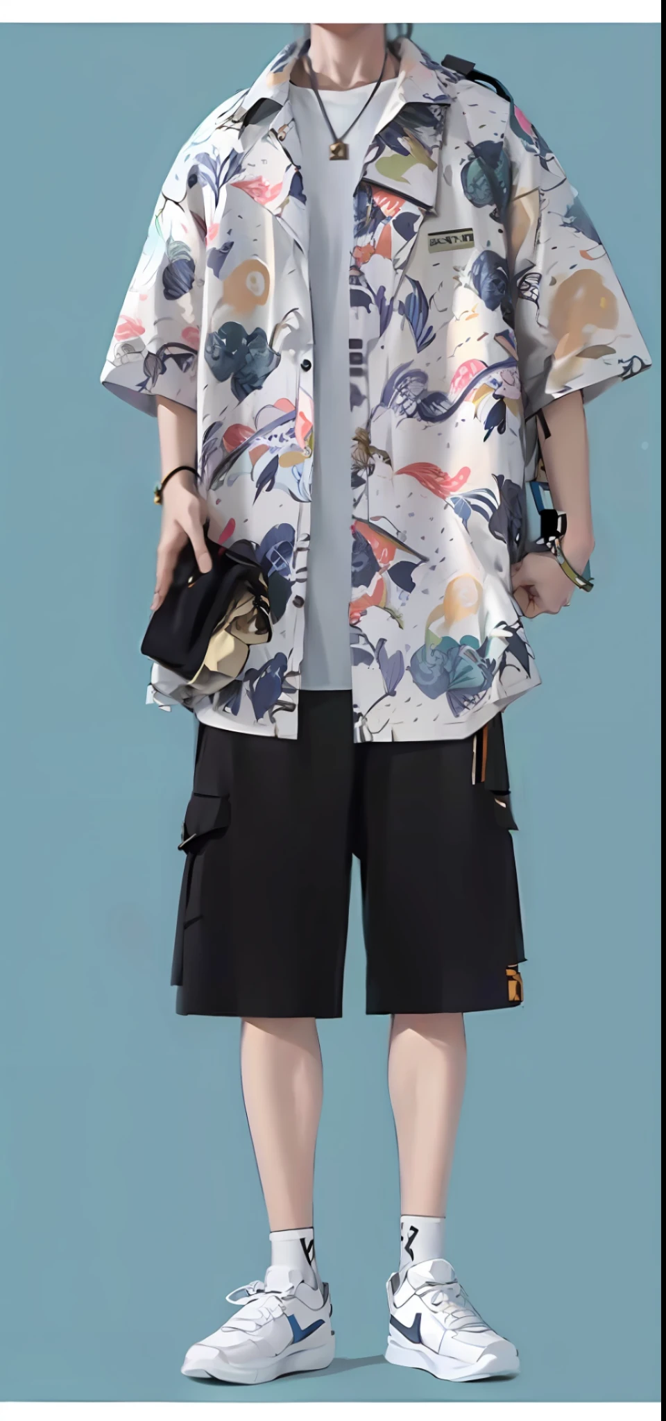 boy, vertical painting, natural light, global light, front view, fashion, gold dragon pattern, pattern, clothing, headset, zipper, buttons, pattern, logo, pleats, belt, delicate, generate more details, light green hair, dark green vest, light green t-shirt, black shorts, sneakers, black backpack, modern, anime style, anime, modern, futuristic, first-person perspective, panorama, concept art, uhd, masterpiece, ccurate, textured skin, super detail, high detail, high quality, Best quality, high resolution, no background, white background