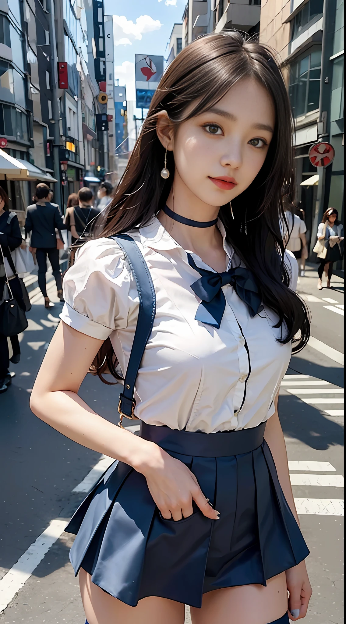 1girl, happy,smirk, Tokyo street, cityscape, city lights,day,.Flexing, close-up, 8k, RAW photo, best quality, masterpiece, realistic, photo-realistic, masterpiece,bestquality,highres,mer1,tiara,sailorsenshiuniform,long hair, stockings,bluesailorcollar,bow,kneeboots,choker,whitegloves,bluechoker,elbowgloves,jewelry,earrings,blueskirt, .
