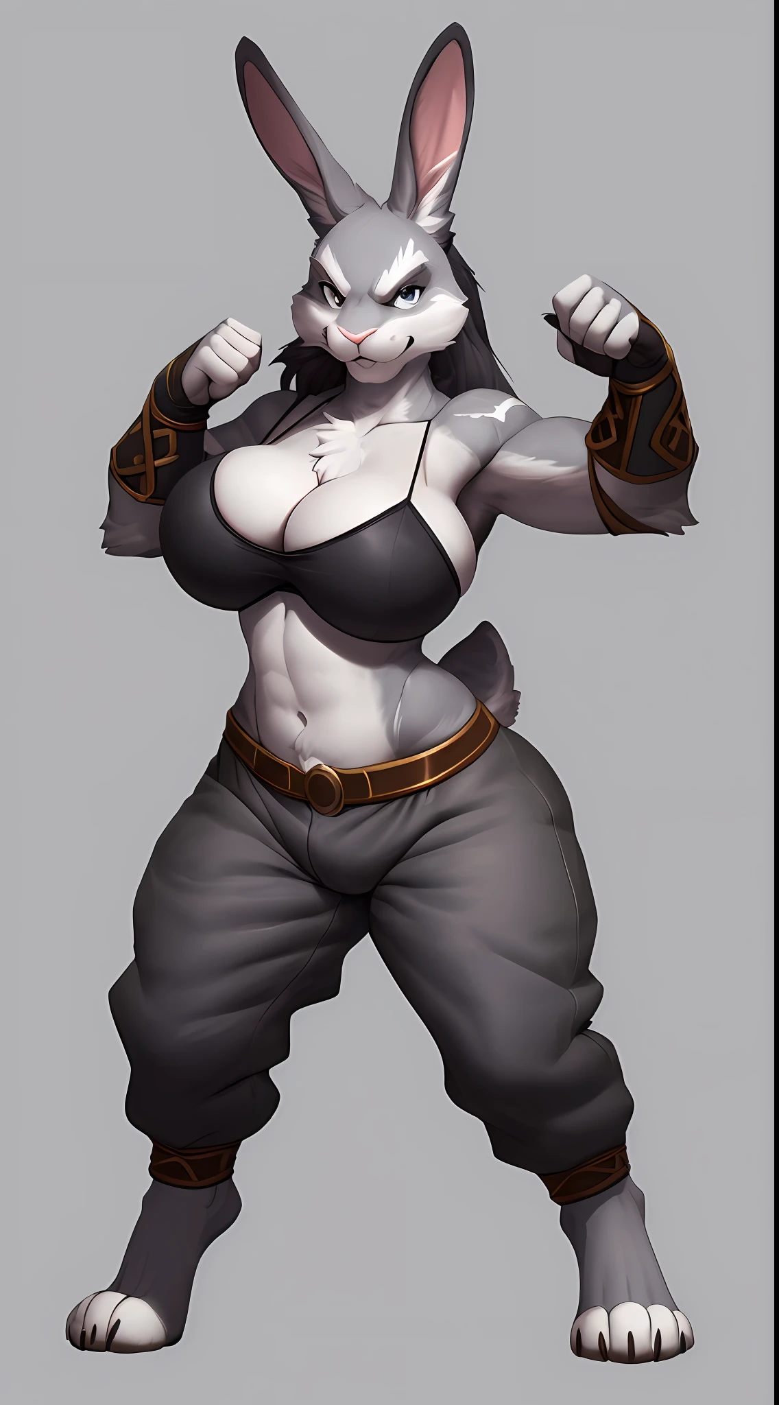 (Rabbit), two tone, anthro, (wearing nlouse), (wearing cotton pants), high detail, high resolution, raw photo, gray background, cleavage, 1girl, solo, big breasts, high quality, hi res, sharp, detailed body, detailed, cartoony, ((looking at viewer)), angry, mad, t full body, whole body, ((full body portrait)), far away, (((full body concept))), wide hips, thick thighs, fight pose, battle pose, Medieval, rpg