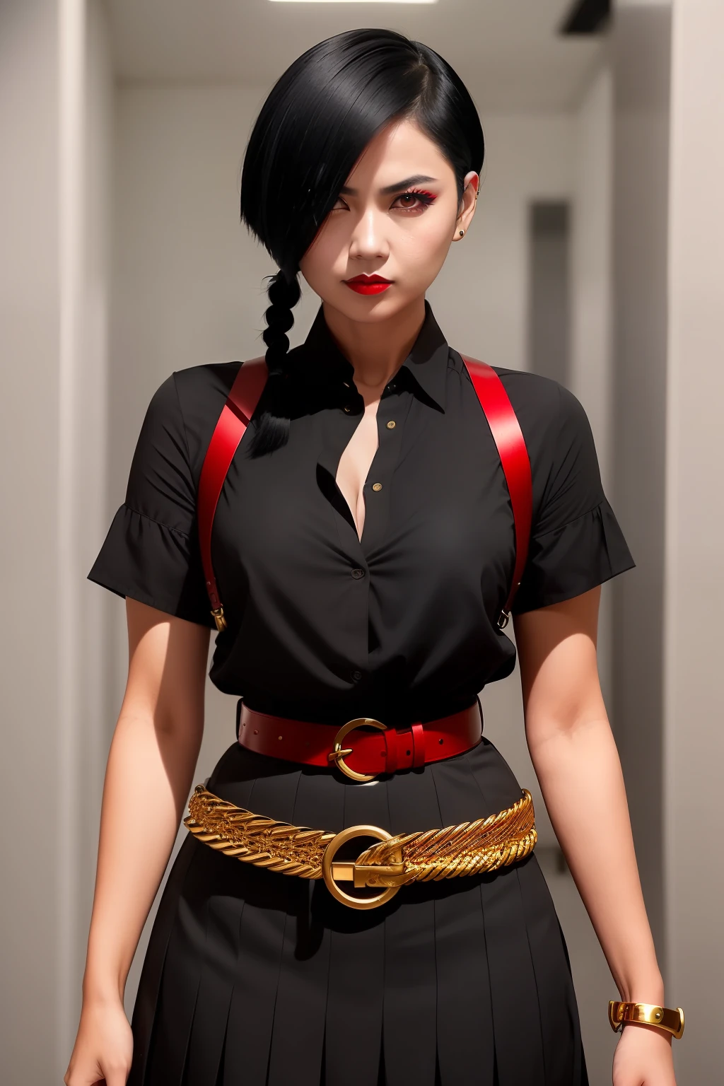 A woman with a defiant look, short black hair in front, and a long braid. Red eyes red lips with low-cut black blouse, gold belt and gray skirt