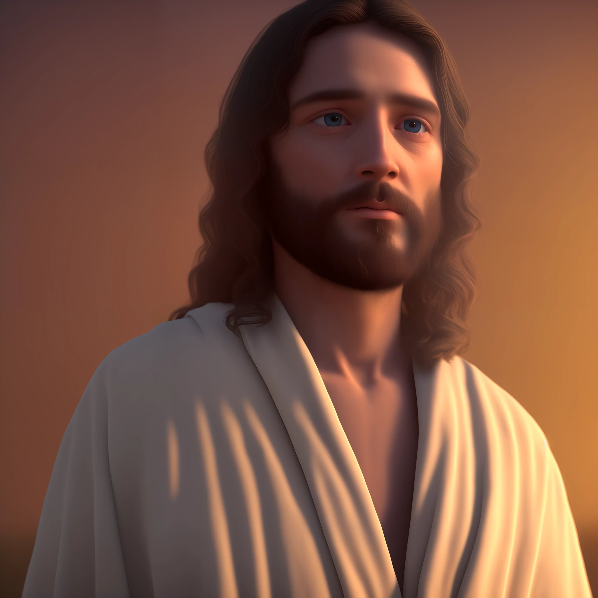 Jesus God Identity, Kindness, Eyes Looking at Screen, Young Jesus God, Warm Robe, Loose Hair, No Silhouette, 3D, 8K