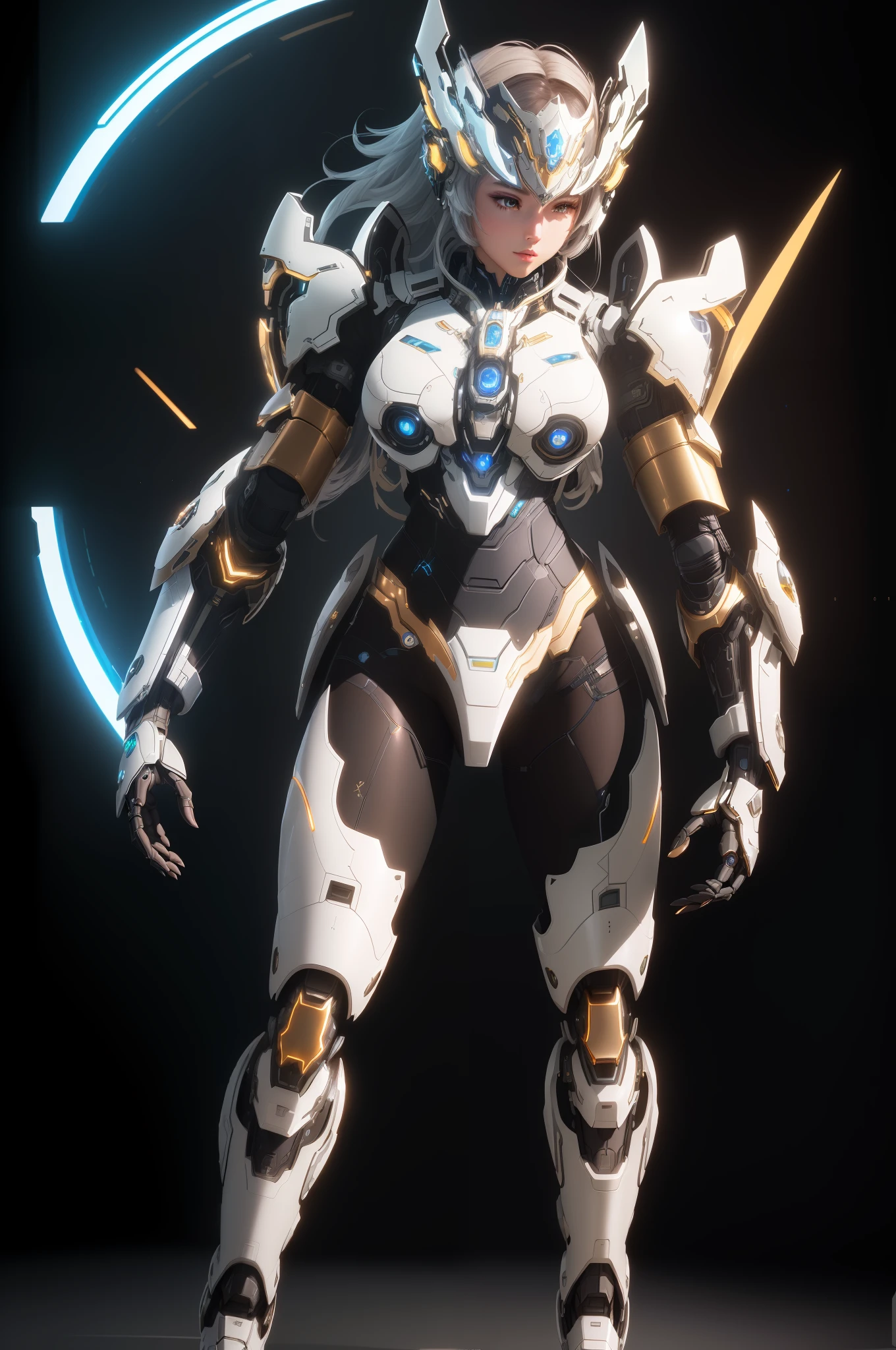 (masterpiece, best quality, ultra-detailed CG unity 8K wallpaper, best illumination, best shadow, an extremely delicate and beautiful), fashion cycle rising, dark tones + streamers, futuristic robot female characters, wearing white futuristic armor, mechanical dragon elements, Intricately detailed luminous mech armor, Unreal Engine 3D rendered character art 8K.