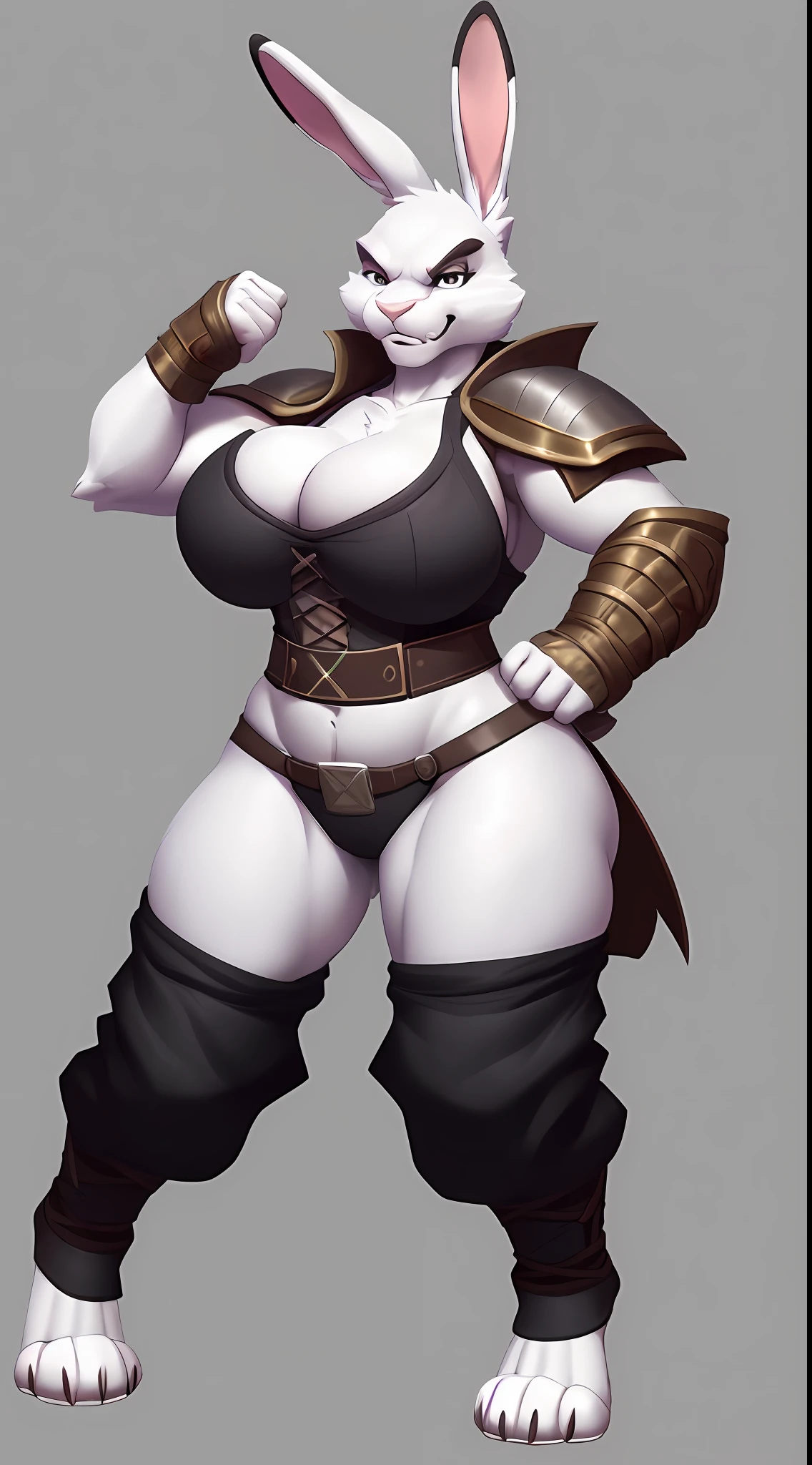 (Rabbit), two tone, anthro, (wearing nlouse), (wearing cotton pants), high detail, high resolution, raw photo, gray background, cleavage, 1girl, solo, big breasts, high quality, hi res, sharp, detailed body, detailed, cartoony, ((looking at viewer)), angry, mad, t full body, whole body, ((full body portrait)), far away, (((full body concept))), wide hips, thick thighs, fight pose, battle pose, Medieval, rpg
