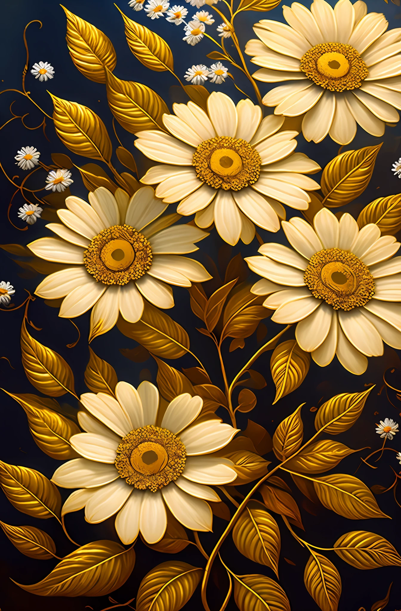 There is a painting of flowers with gold and silver leaves, gold flowers, daisy flowers, flowers and gold, gilded reliefs, detailed flowers, gorgeous flowers, golden flaky flowers, intricate flowers, chaotic gold leaf flowers, detailed 4K oil painting, amazing and rich details, gilded. Floral, floral. Baroque elements, intricate oil paintings