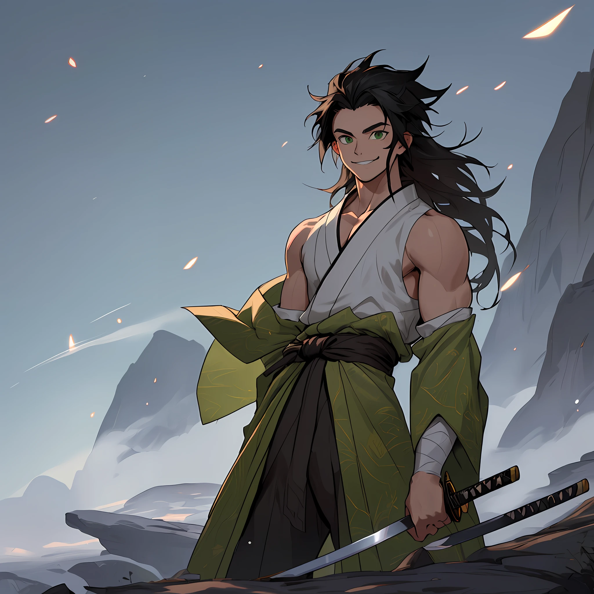 ((best quality)), ((ultradetailed)), ((masterpiece)), best quality (katana: 1.4), serious,(at night: 1.4), a -yeld teger who has his hair in black, long that is loose in the wind, his hair is continuous and poured down his body, straight and shiny, which falls gently to the waist. Your hair is thick and has a healthy appearance, your hair is large and not stuck, contrasting with your fair skin. The young man's eyes are deep and emerald green, intense as two light pearls. They reflect calm and an inquisitive curiosity. He has a big smile on his face and a watchful eye. With his upright posture, the young man shows a confident bearing and a cheerful and hyperactive aura. He wears a brown, black and light green kimono with a large brown ribbon at his waist, sleeveless, made of a quality fabric. giving him the look of a swordsman. At his waist, he carries a white katana with gray details on the blade. The long, sharp blade is made of polished steel, reflecting light. The scabbard of the sword adorned with demonic symbols. He's on a rocky mountain feeling the wind. He has a large reddish brown scar on his cheek. He has a cheerful face. The trees sway in the background. Kimetsu no Yaiba style, alone, 1boy, demon slayer style, loose hair, petulant look, smiling, confident, only 1, spilled hair, loose and big hair, demon slayer artstyle, full body
