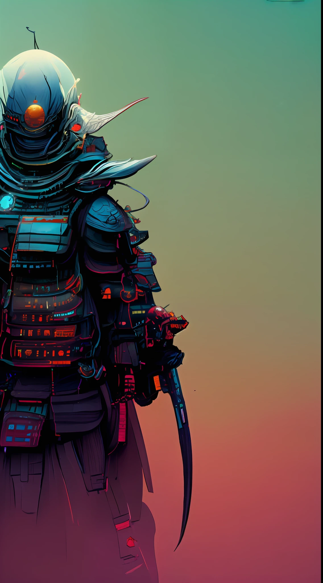 no text, general shot, ocean of background clouds, CyberRonin with metal wings and glow glow, (Cyber-Samurai:1.2)