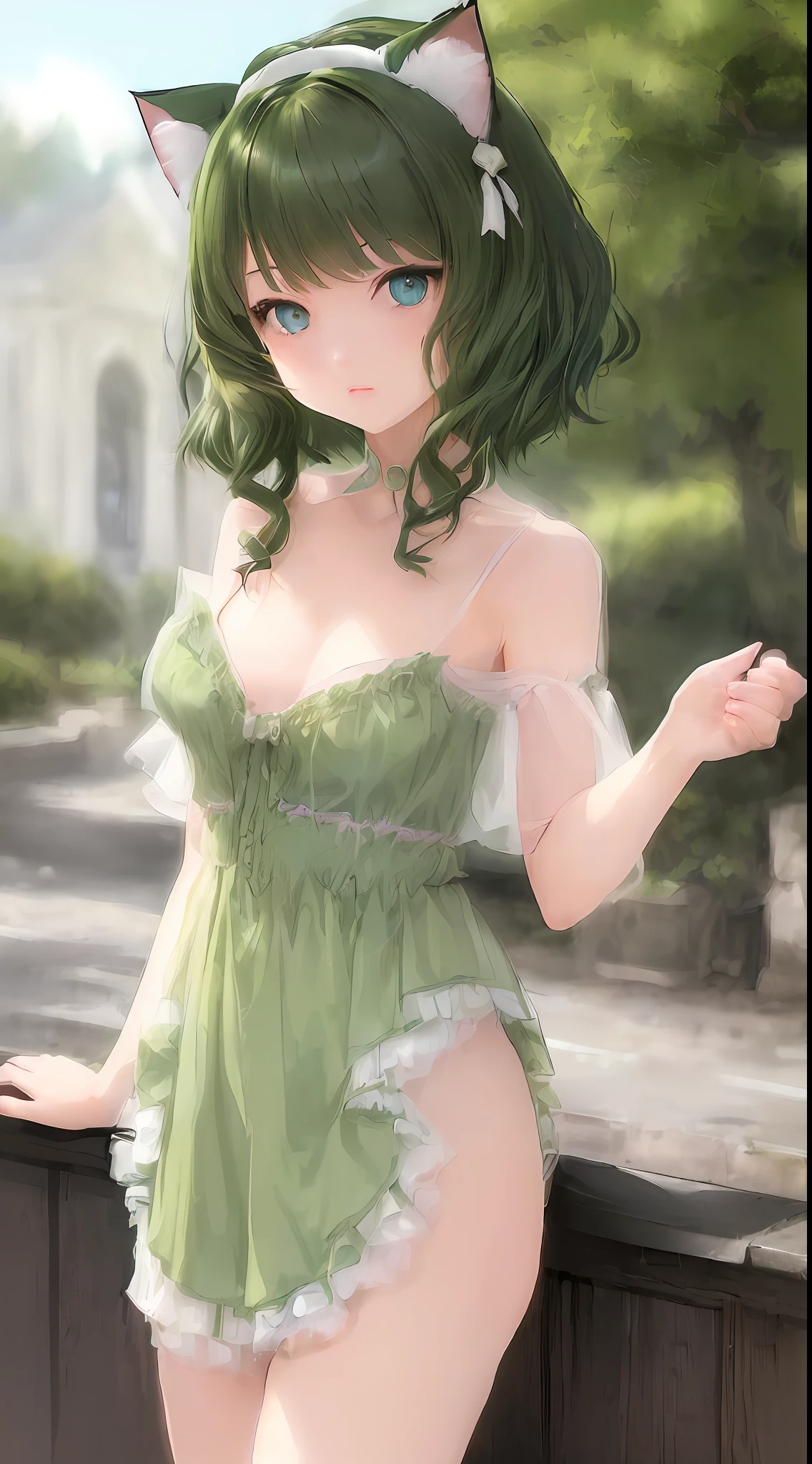 (Masterpiece, cat ears, girl, cat lady trend, three-dimensional AE, green + messy short hair: 1.4, outdoor shooting, still filled with the fresh breath of Makoto Shinkai, ruins scene, (detailed tween animation)|.) ((1girl), her eyes are firm, her clear blue eyes have the belief of not giving up, her eyes are fixed on the future, her delicate skin is like a layer of champagne, with bronzed folded cat ears, and the messiness of her short green hair makes people feel that she is full of life. ))