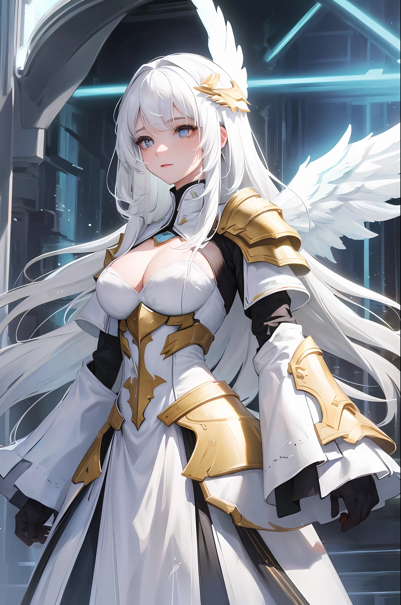 (HD cinematic texture) One (female) shows the beauty (face) and (angel wings). She has (delicate faces) and long (white hair), wears technological armor,