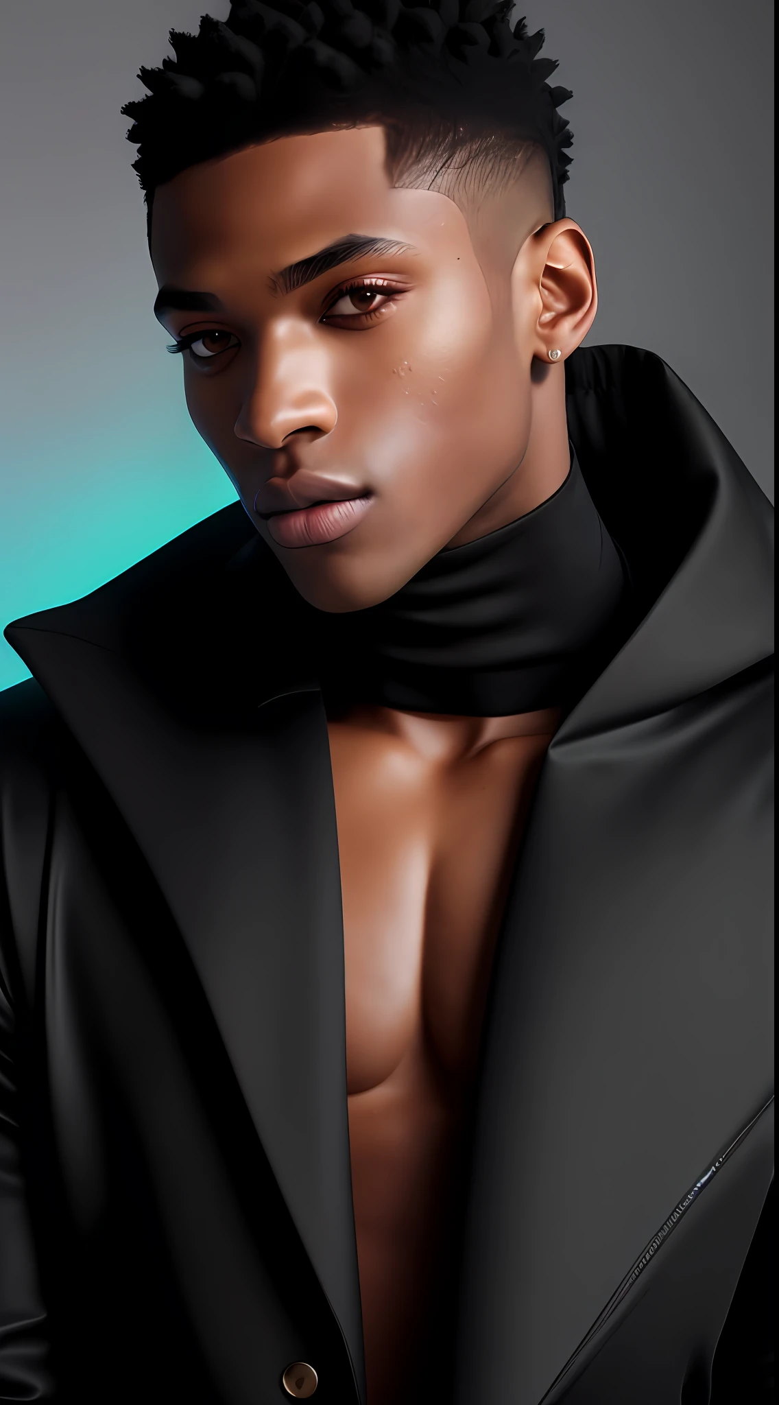Photo in Raw, Photo essay, Fashion editorial, fashion photography, male model, black model, queer, soft earthy makeup, earthy eye shadow, soft pink lip moisturizer, skin with a light illuminator, Brazilian man, South American man, Latino, light eyes, black fabric as background, fashion, beauty editorial, glitter on the face, Yves Saint Laurent clothing, dark background, soft cyan light on the left side, soft margenta light on the right side, fashion pose, full body, portrait plane, realistic, high quality, Sony A7III, 8k, 80mm 1.4 lens, soft black mist filter