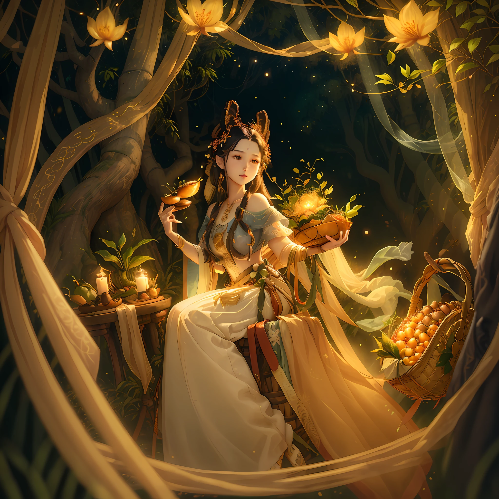ung and beautiful woman, basket made of bamboo, basket filled with loquats, golden loquats, branches, dandelions, facial hair, fireflies, grass, ivy, jungle, leaves, lily_pade, mosses, mushrooms, overgrows, loquat trees, plants, dambarta, tanzaku, tree, tree, trunk, vegetable, vine, net, wheat