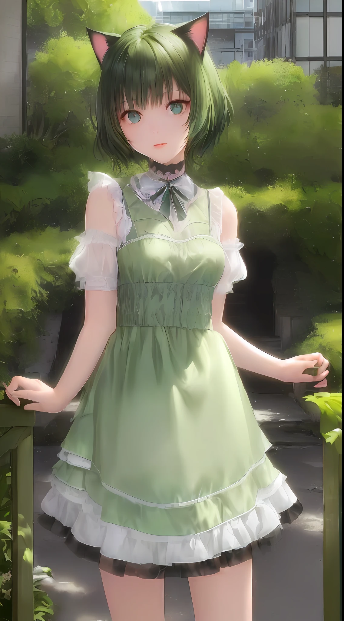 (Masterpiece, cat ears, girl, cat lady trend, three-dimensional AE, green + messy short hair: 1.4, outdoor shooting, still filled with the fresh breath of Makoto Shinkai, ruins scene, (detailed tween animation)|.) ((1girl), her eyes are firm, her clear blue eyes have the belief of not giving up, her eyes are fixed on the future, her delicate skin is like a layer of champagne, with bronzed folded cat ears, and the messiness of her short green hair makes people feel that she is full of life. ))