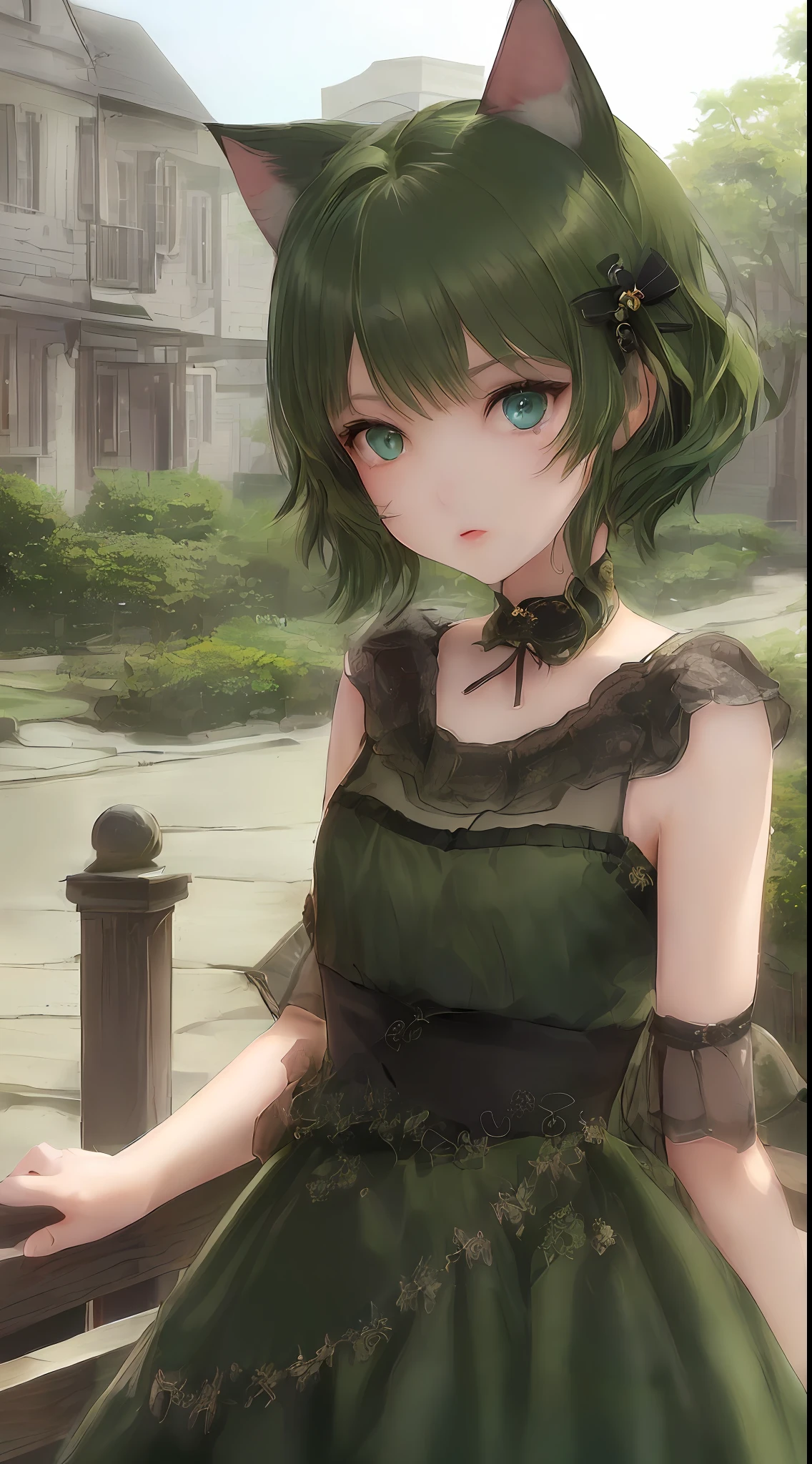 (Masterpiece, cat ears, girl, cat lady trend, three-dimensional AE, green + messy short hair: 1.4, outdoor shooting, still filled with the fresh breath of Makoto Shinkai, ruins scene, (detailed tween animation)|.) ((1girl), her eyes are firm, her clear blue eyes have the belief of not giving up, her eyes are fixed on the future, her delicate skin is like a layer of champagne, with bronzed folded cat ears, and the messiness of her short green hair makes people feel that she is full of life. ))